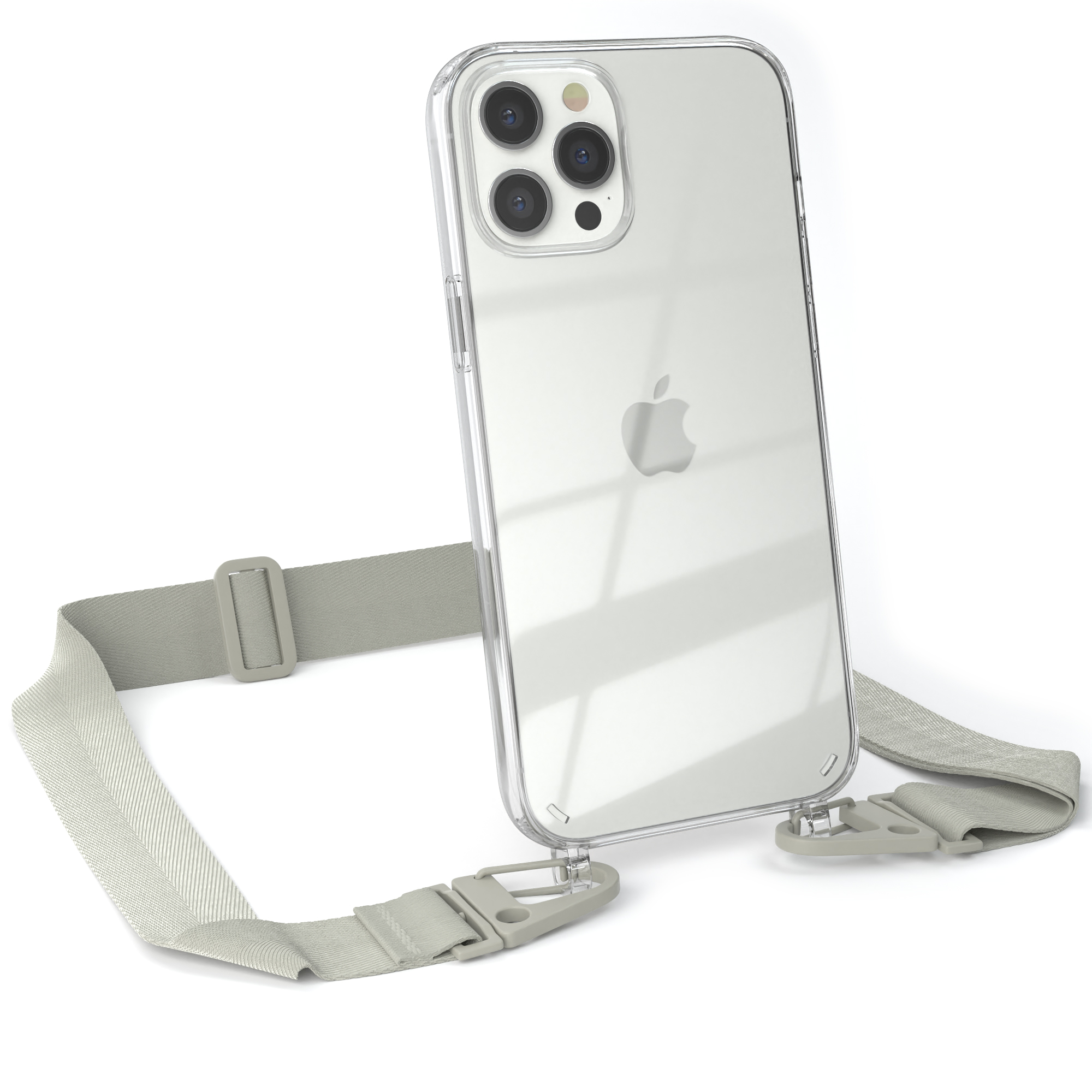 Eine Handyhülle mit grauem Riemen. Ein iPhone befindet sich in der Hülle.