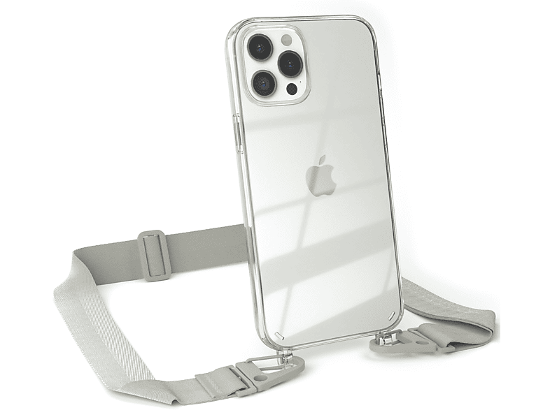 EAZY CASE Transparente Handyhülle mit breiter Kordel + Karabiner, Umhängetasche, Apple, iPhone 12 Pro Max, Beige Grau / Taupe