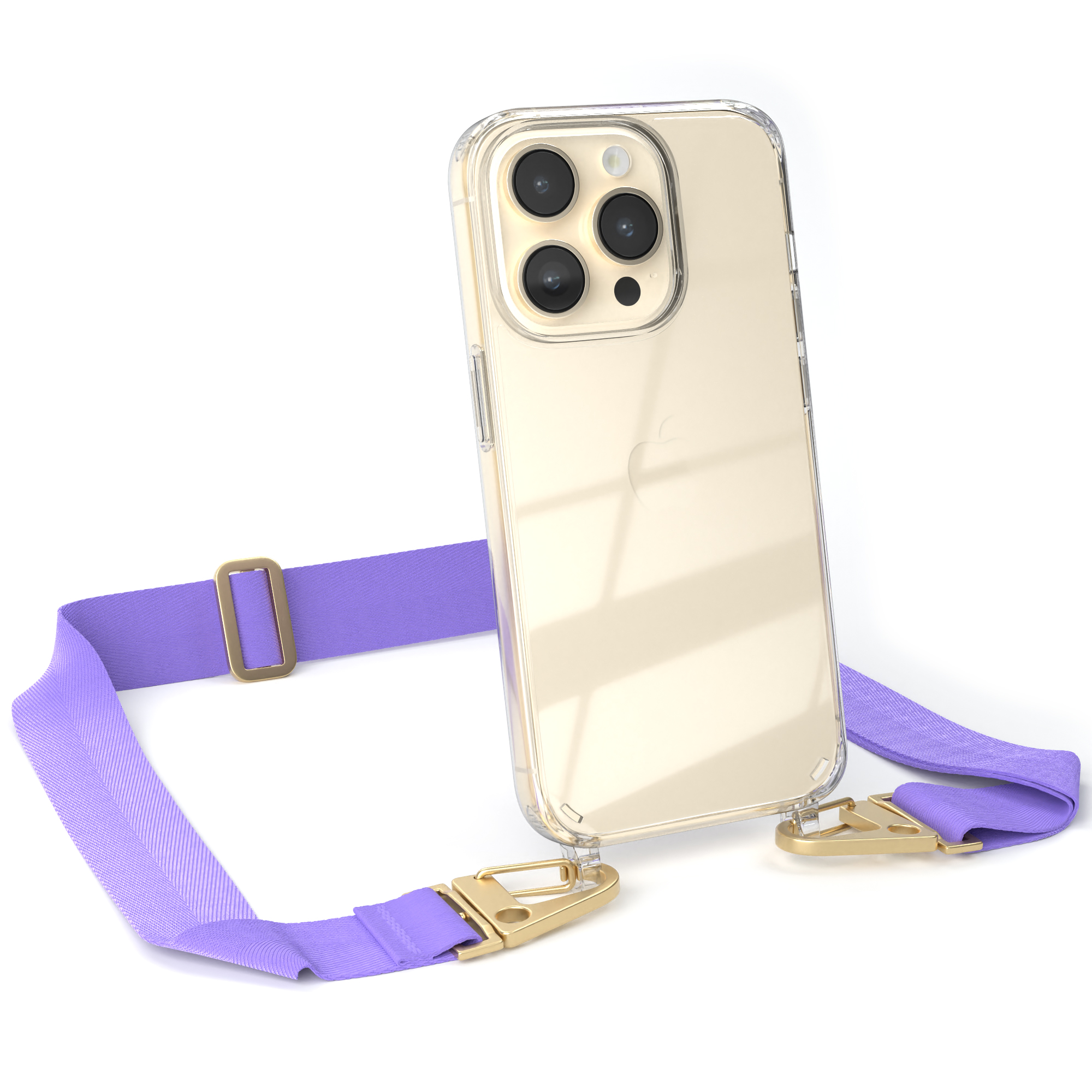 Transparente Handyhülle mit lila Riemen. Telefon hat drei Kameras. Hintergrund weiß.