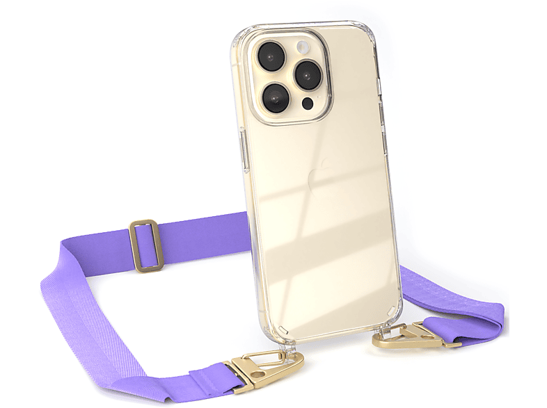 EAZY CASE Transparente Umhängetasche, Handyhülle + mit / iPhone Kordel Pro, breiter Gold Apple, Karabiner, Flieder 14