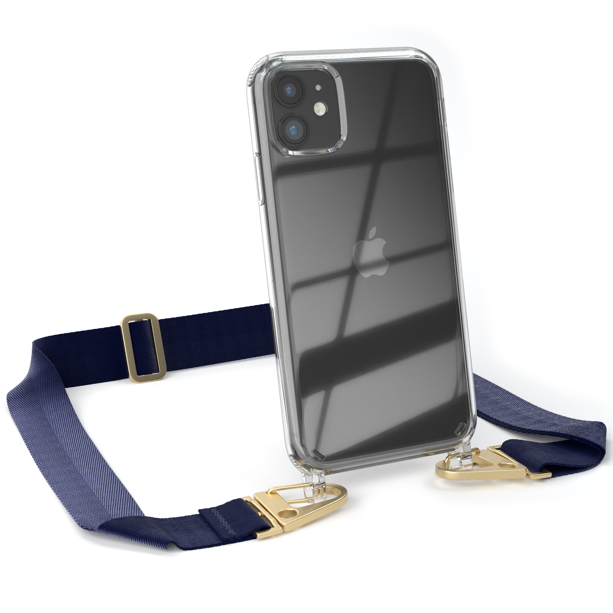 CASE / Gold + Transparente 11, mit Karabiner, EAZY iPhone Apple, breiter Umhängetasche, Dunkel Blau Handyhülle Kordel