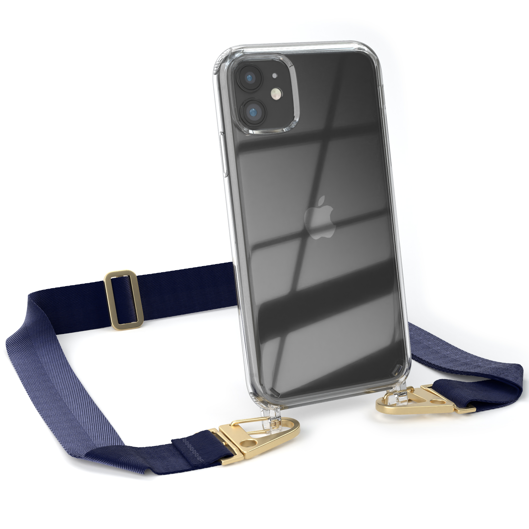 Transparente Handyhülle mit marineblauem Riemen. iPhone ist innen. Marineblauer Riemen und Verschlüsse.