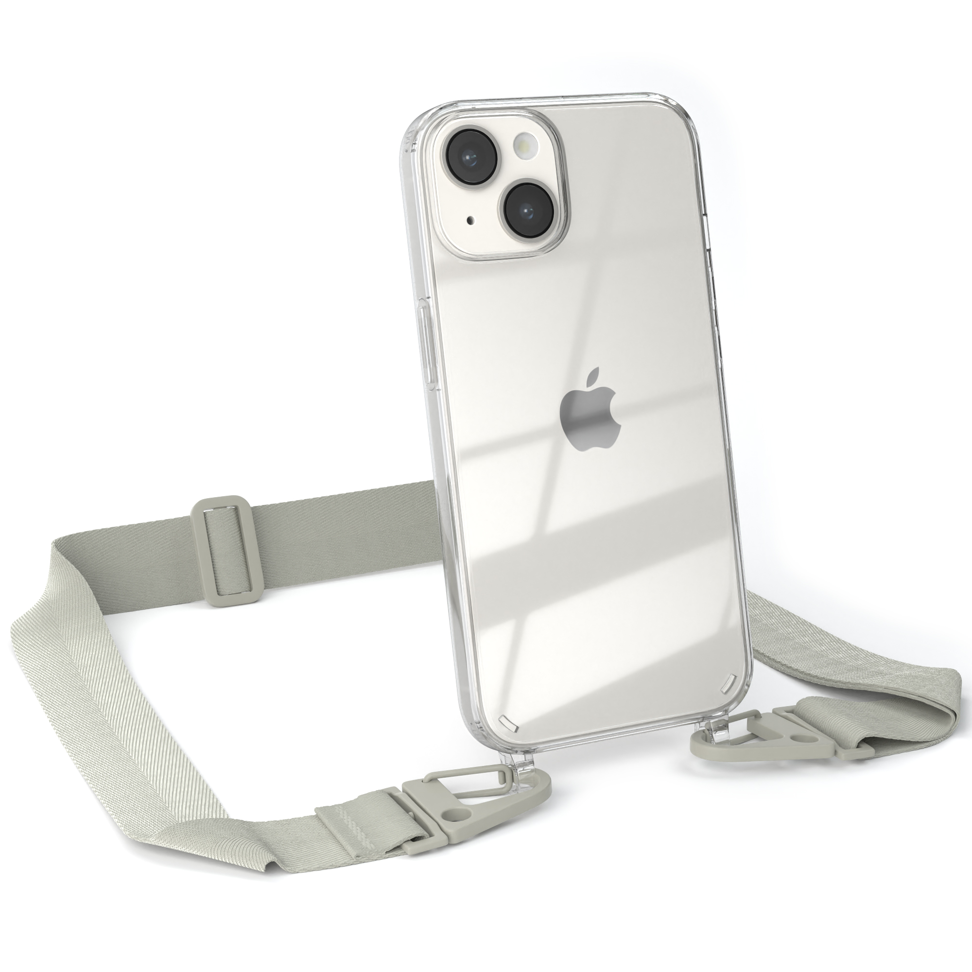 EAZY CASE Transparente Handyhülle mit / Beige + Kordel Umhängetasche, breiter Apple, Taupe iPhone Karabiner, Grau 14