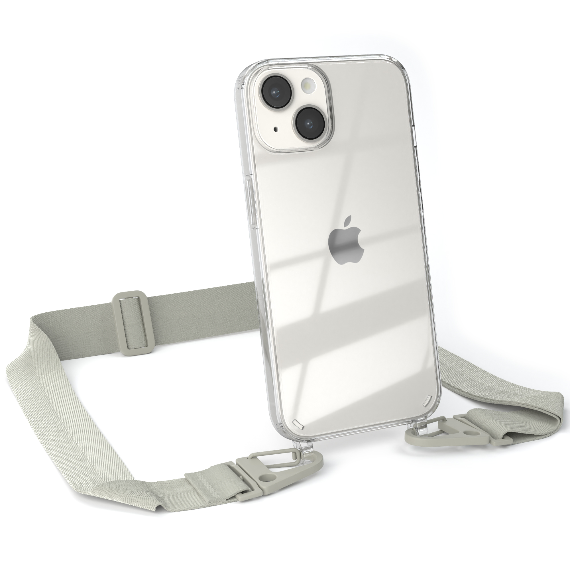 Transparente Handyhülle mit grauem Riemen, an Apple iPhone befestigt.