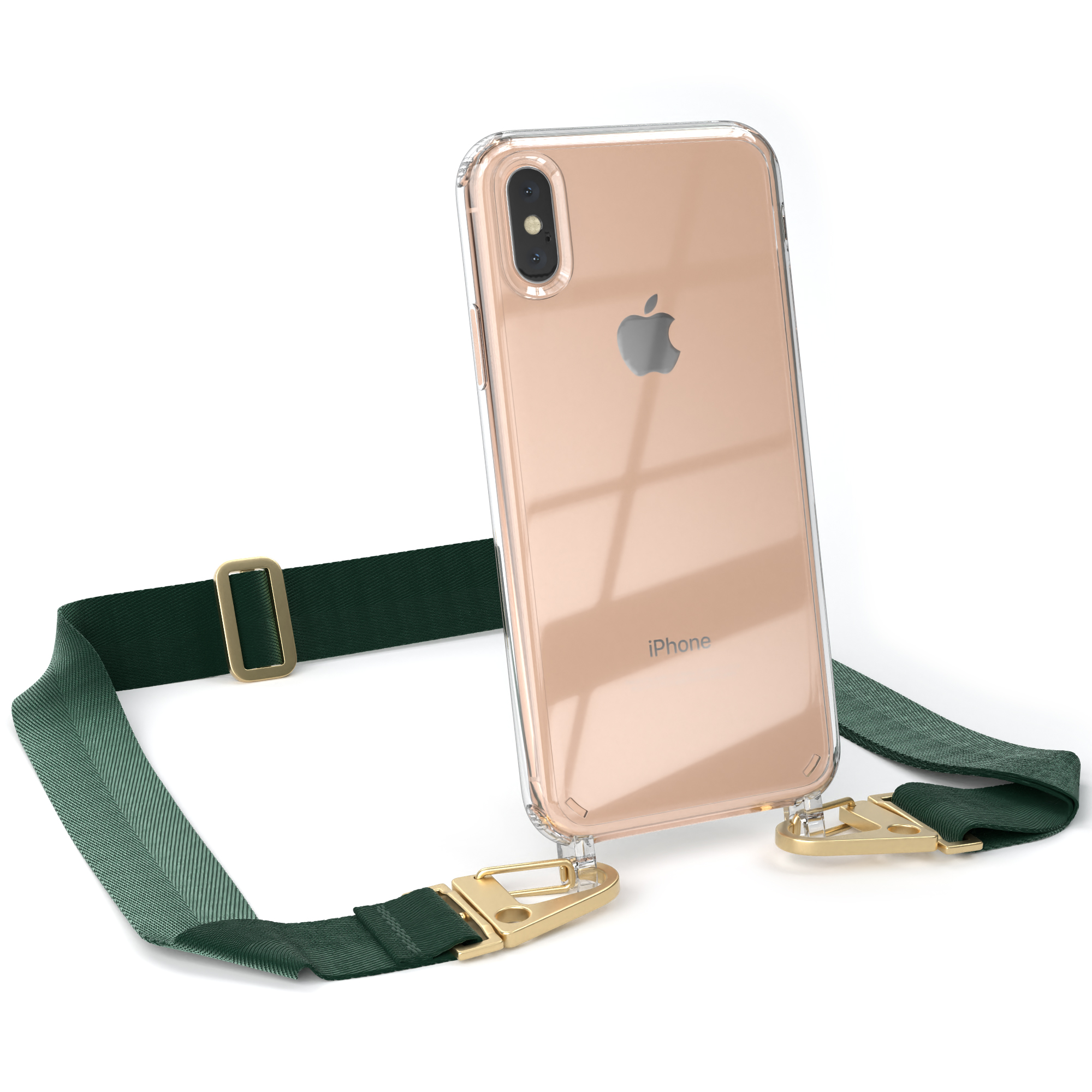 iPhone in transparenter Hülle mit grünem Riemen, weißer Hintergrund. Apple-Logo sichtbar.