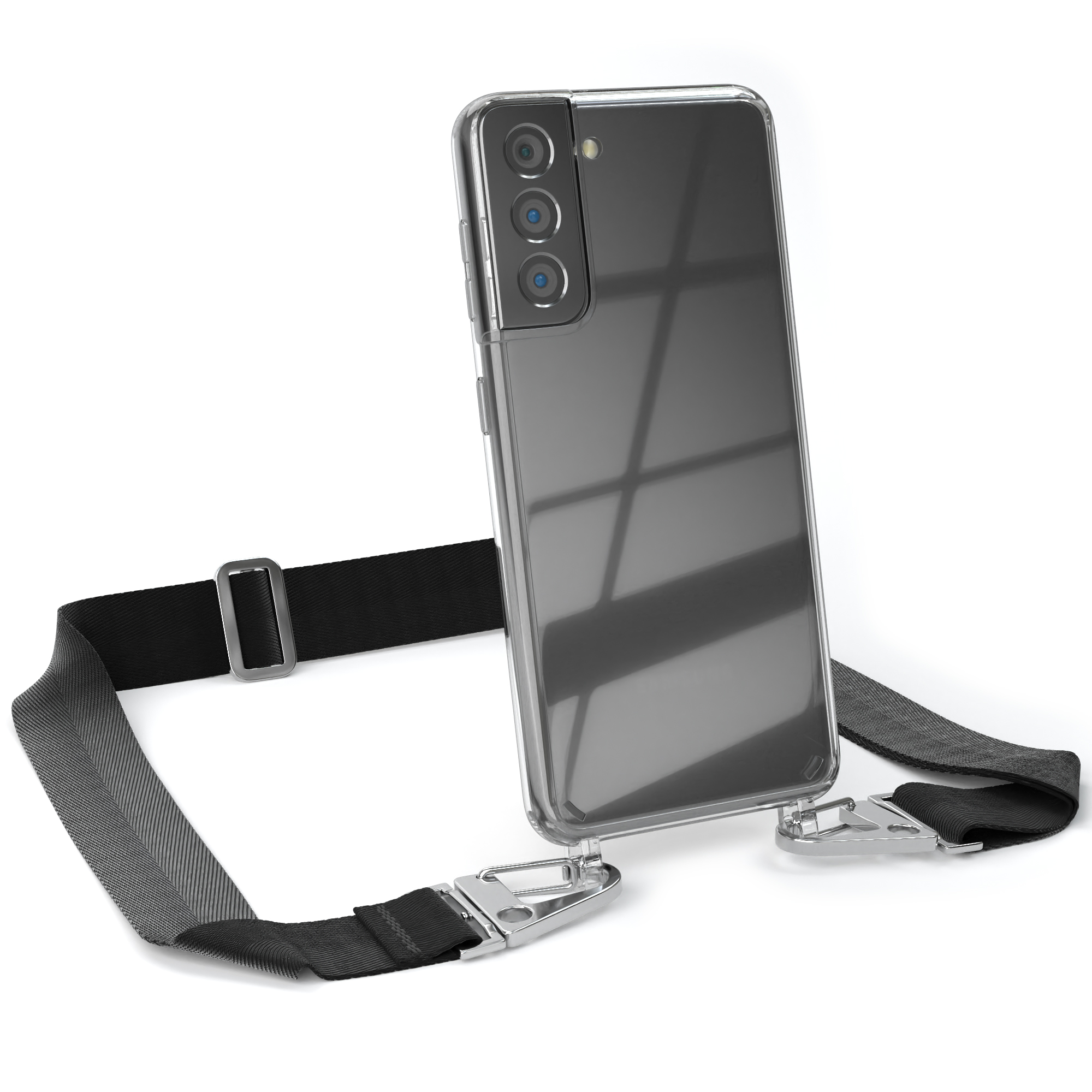 EAZY CASE Transparente Handyhülle Umhängetasche, / 5G, Silber Karabiner, Schwarz Galaxy Samsung, mit S21 + breiter Kordel