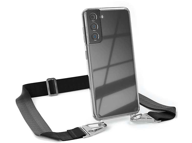 EAZY CASE Transparente Handyhülle mit breiter Kordel + Karabiner, Umhängetasche, Samsung, Galaxy S21 5G, Schwarz / Silber