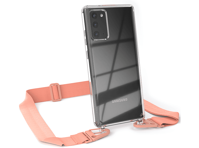 EAZY CASE Transparente Handyhülle mit breiter Kordel + Karabiner, Umhängetasche, Samsung, Galaxy Note 20 / Note 20 5G, Altrosa / Coral