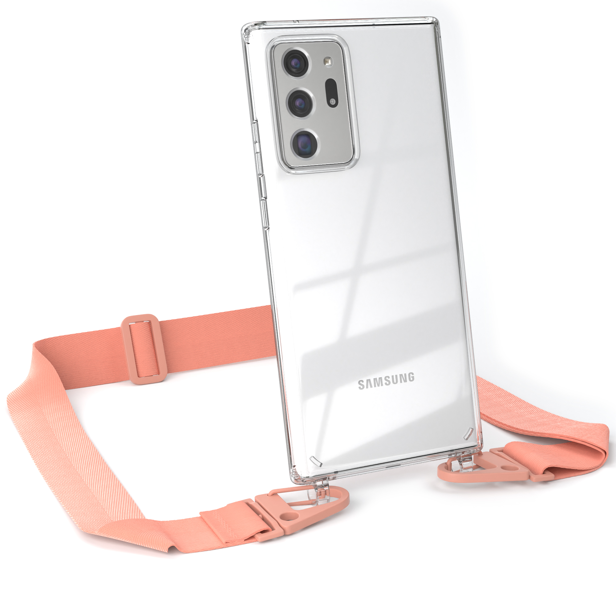Transparente Handyhülle mit korallfarbenem Riemen, Samsung, weißer Hintergrund.