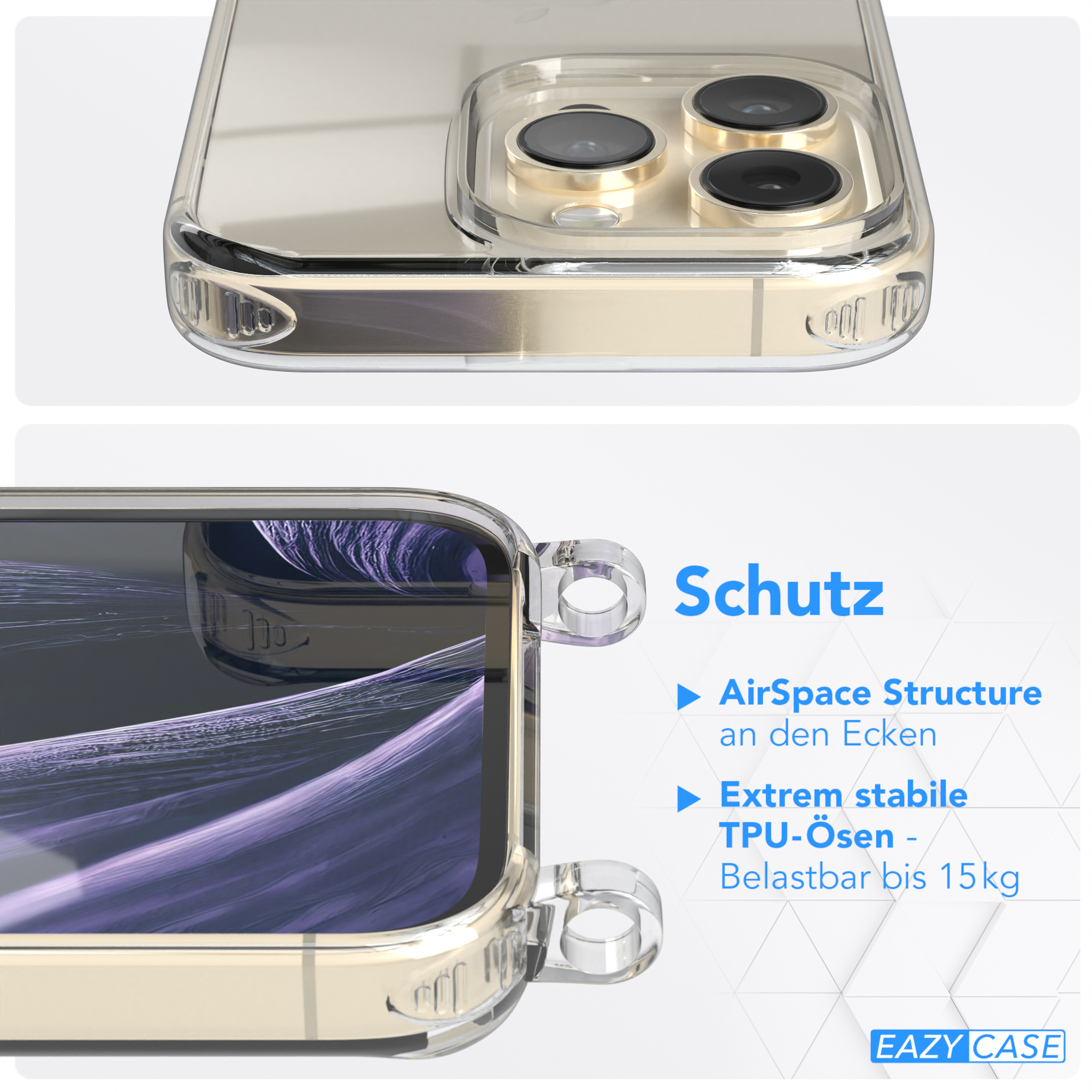 EAZY CASE Transparente Umhängetasche, Handyhülle + mit / iPhone Kordel Pro, breiter Gold Apple, Karabiner, Flieder 14