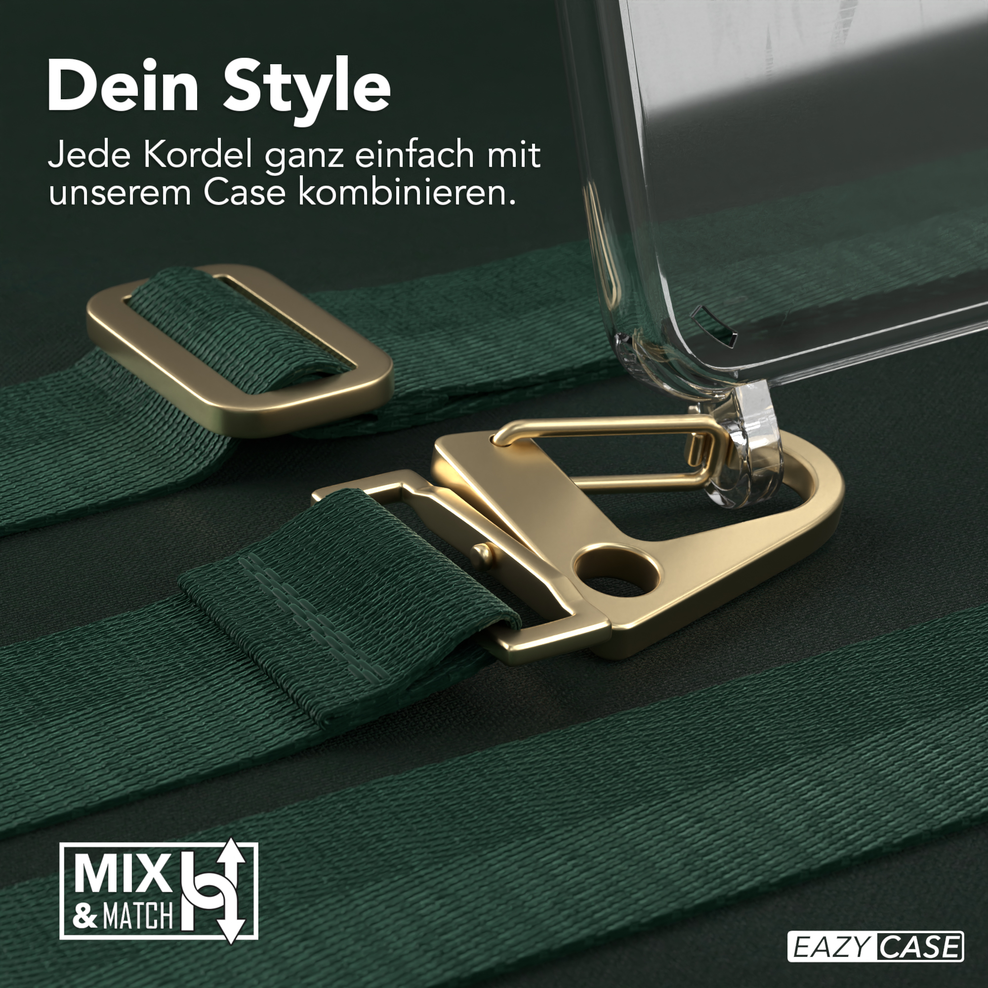 Grüner Riemen mit goldenen Verschlüssen, befestigt an einer transparenten Handyhülle mit EAZY CASE Logo.