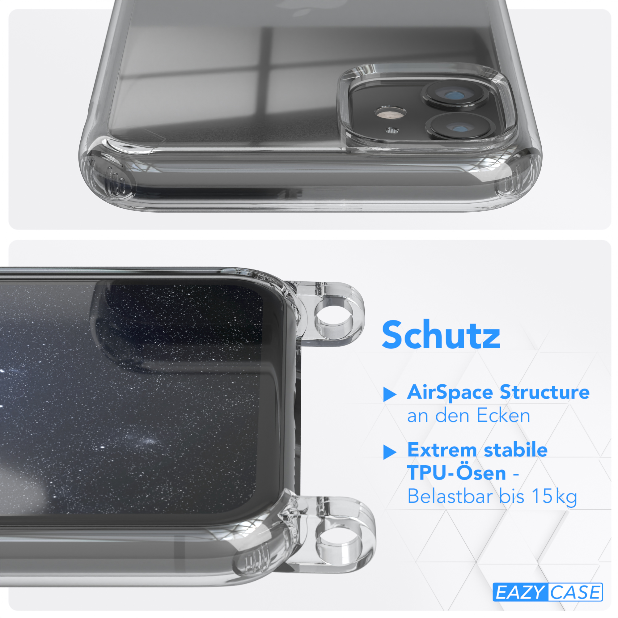 Nahaufnahme einer transparenten Handyhülle, die 'AirSpace Structure' und TPU-Ösen-Schutzdetails zeigt.