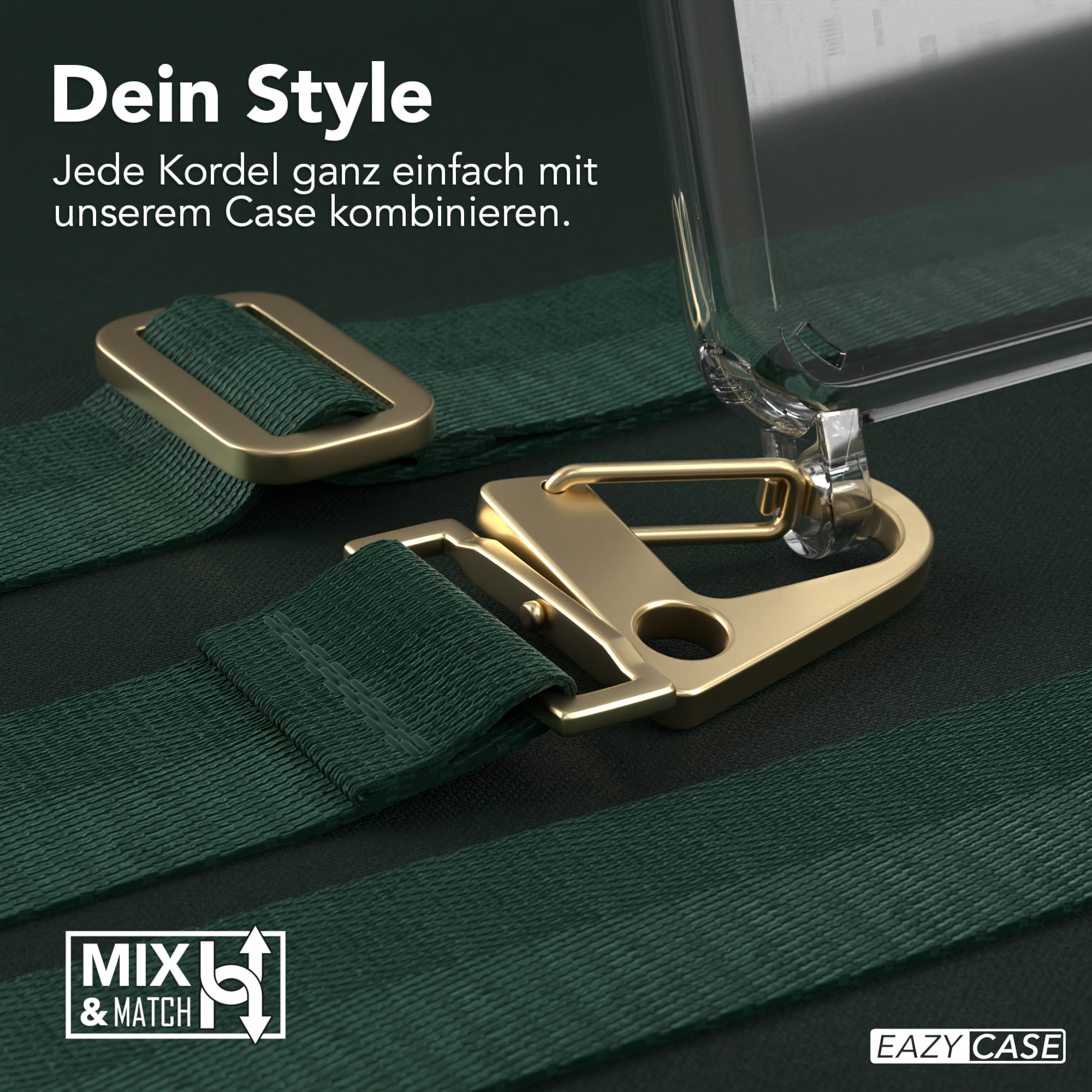 Nahaufnahme einer Handyhülle mit grünen Trägern und Metallverschlüssen, die Stil mit Hüllen fördert.