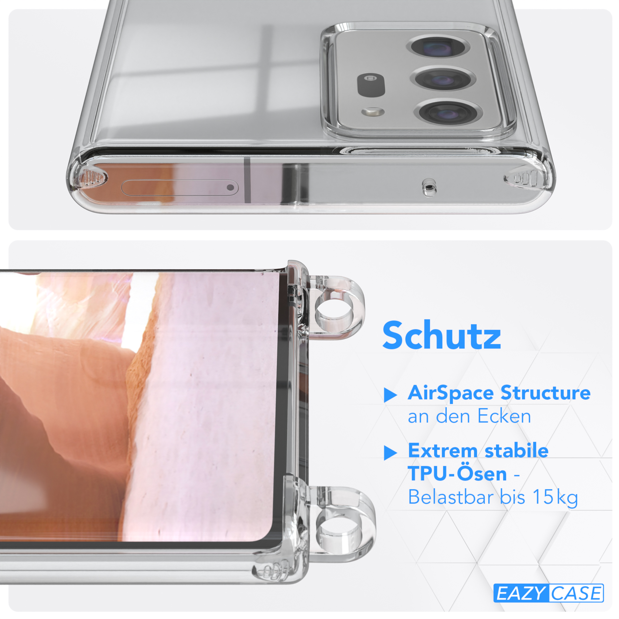 Transparente Handyhülle, Kameralinsen sichtbar. Kanten haben Schutz. Hintergrund ist silber.