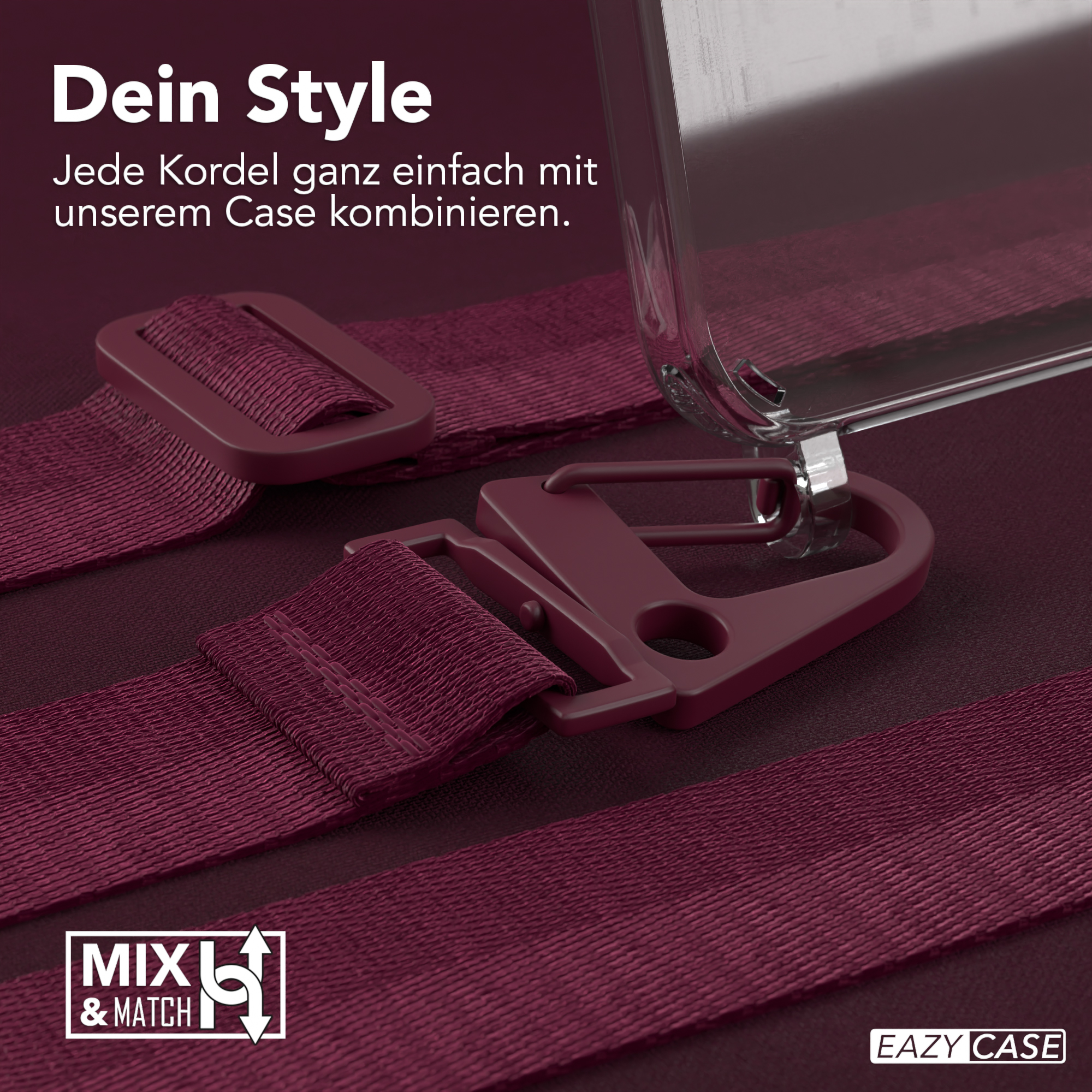 Nahaufnahme von weinroten Telefonriemen und -hülle. Rote Riemen, Clip und Hülle.