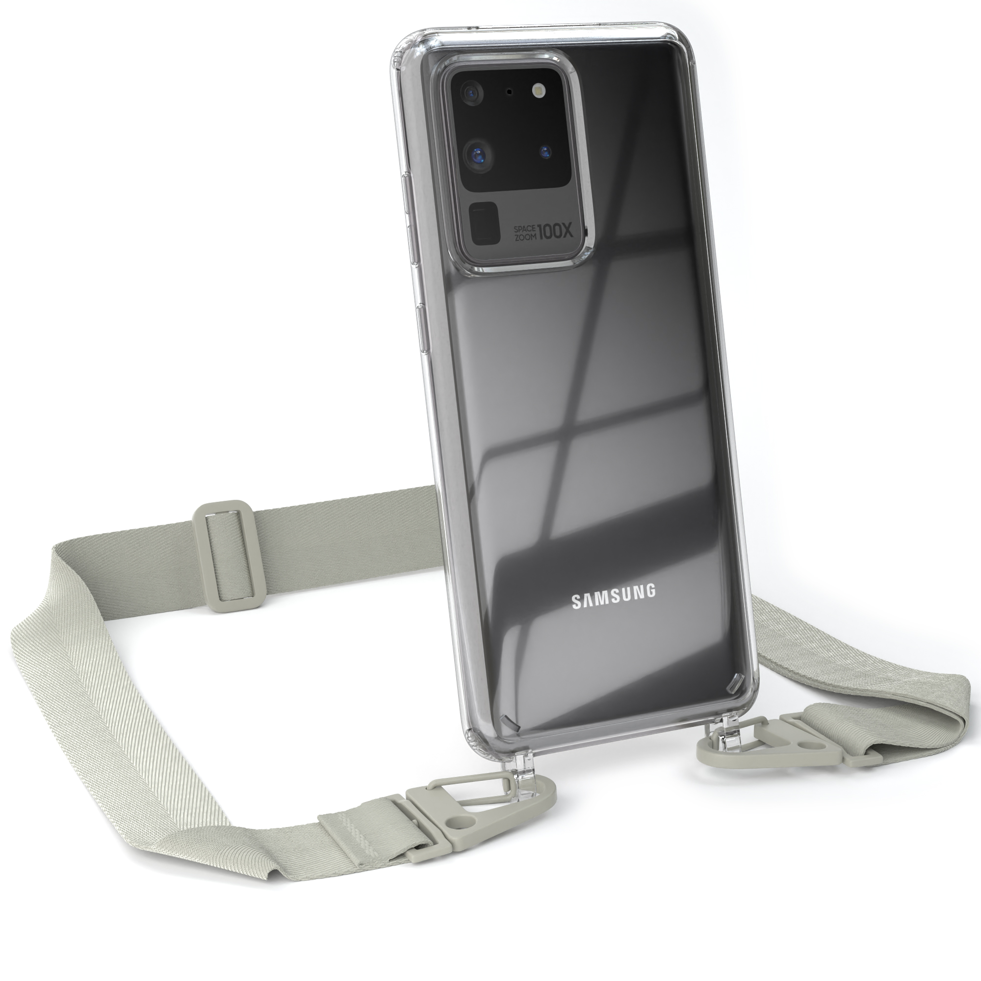 EAZY CASE Transparente Handyhülle Kordel Karabiner, Ultra 5G, Umhängetasche, Grau Ultra + Galaxy Beige S20 / Samsung, mit Taupe / breiter S20