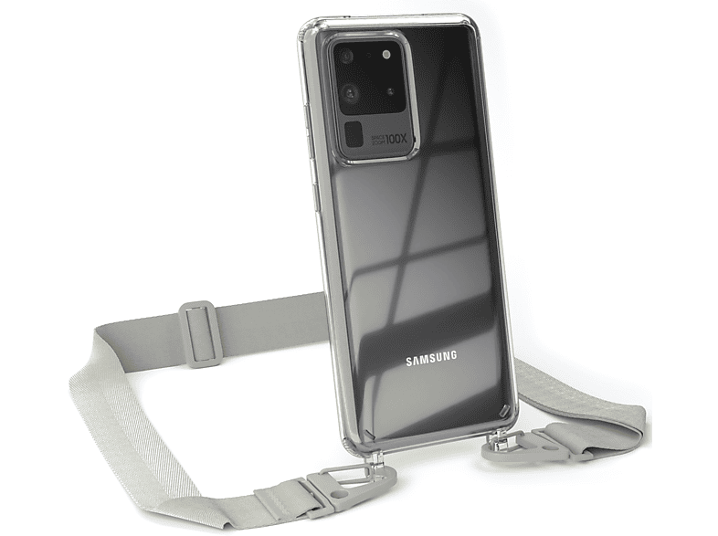 EAZY CASE Transparente Handyhülle mit 5G, Karabiner, breiter Galaxy Ultra / Samsung, / + Grau S20 Umhängetasche, Beige Taupe Kordel S20 Ultra