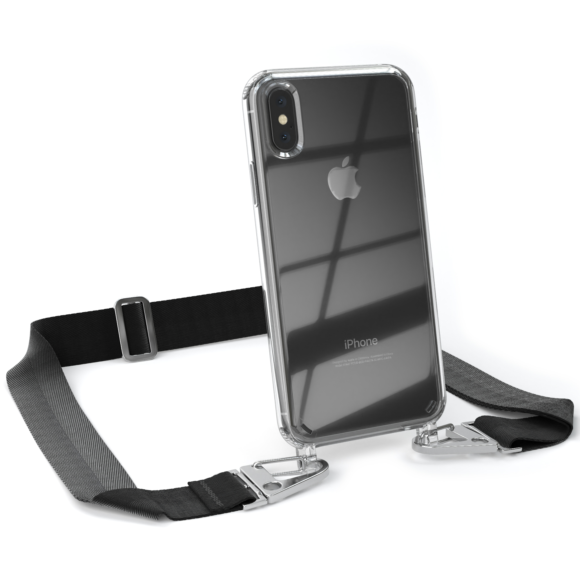 / breiter / X Transparente iPhone Apple, Kordel + mit EAZY Handyhülle CASE XS, Karabiner, Schwarz Silber Umhängetasche,