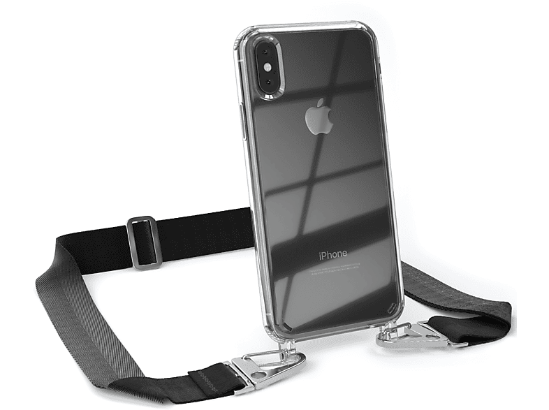 EAZY CASE Transparente Handyhülle mit breiter Kordel + Karabiner, Umhängetasche, Apple, iPhone X / XS, Schwarz / Silber