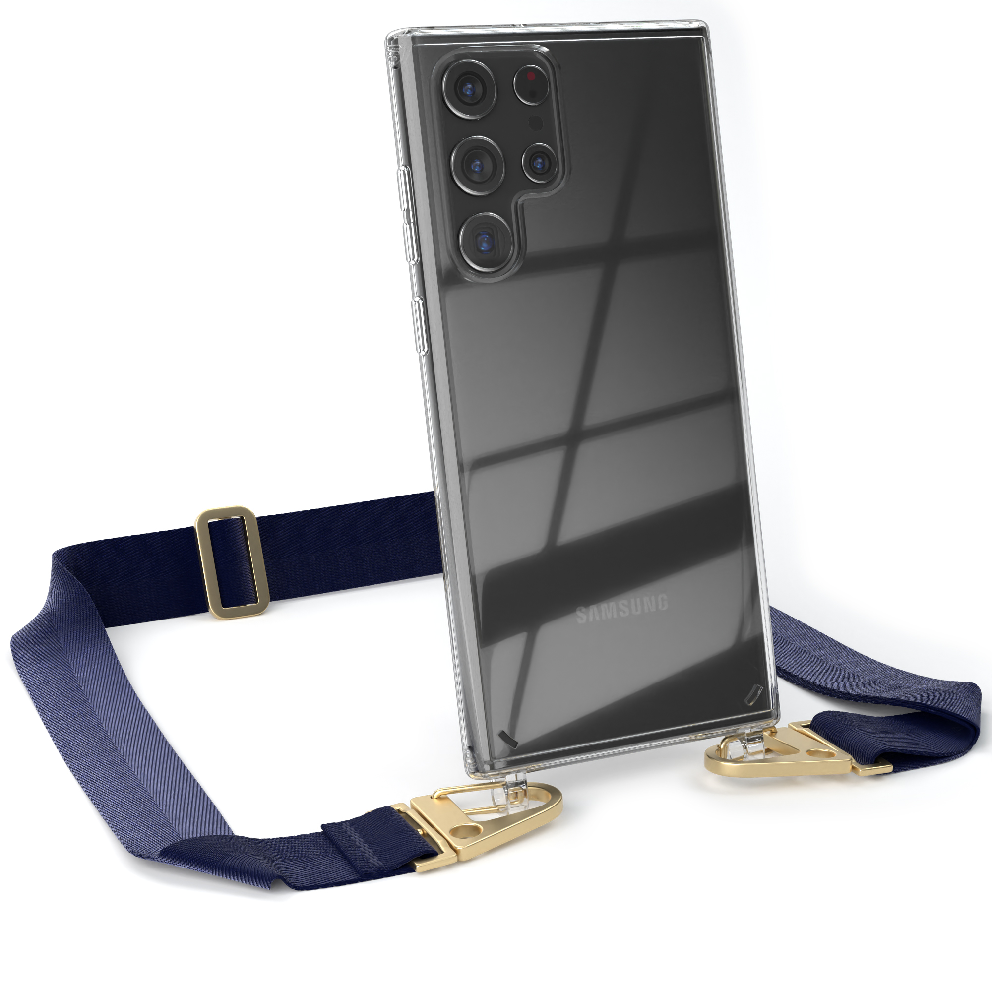 EAZY CASE Transparente Handyhülle Blau Gold Kordel Dunkel S22 / 5G, Karabiner, Galaxy Ultra Samsung, breiter Umhängetasche, + mit