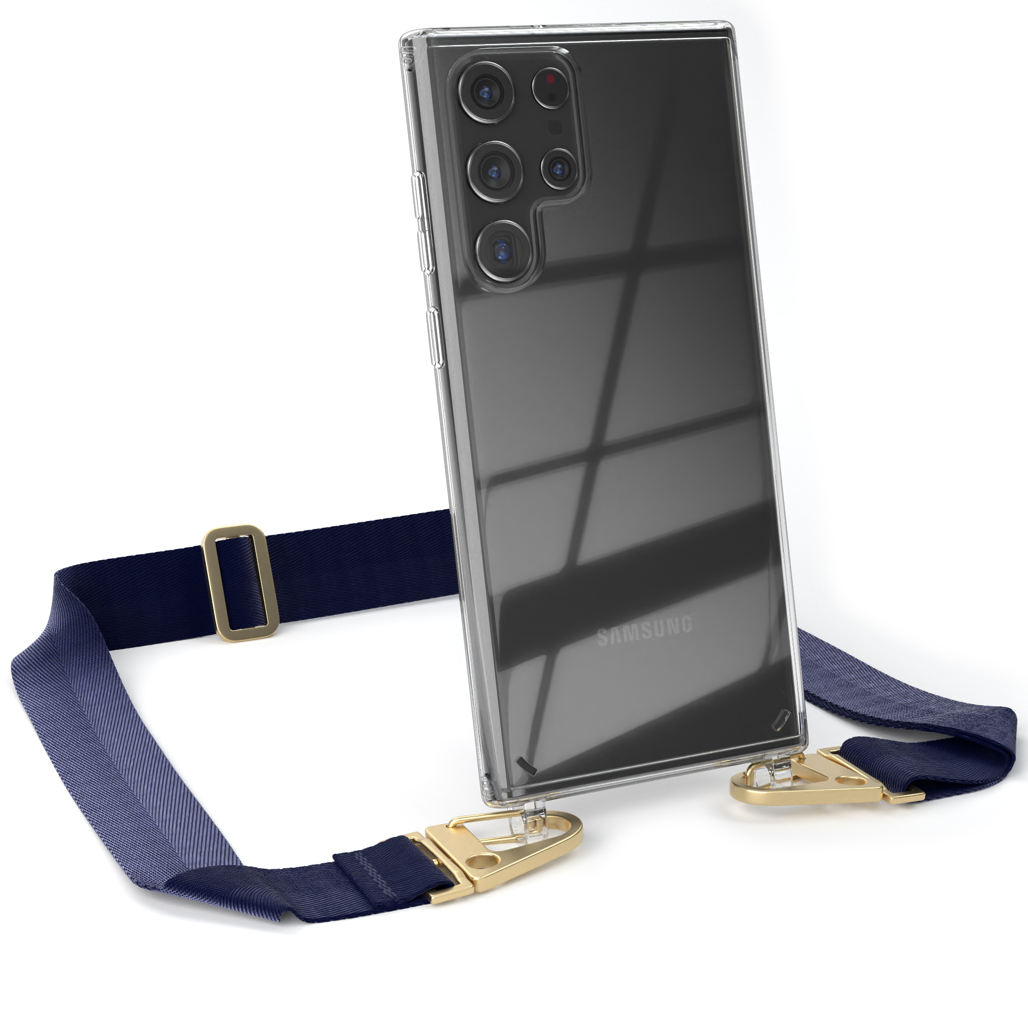 Transparente Handyhülle mit dunkelblauem Band und goldener Hardware auf einem Samsung, weißer Hintergrund.