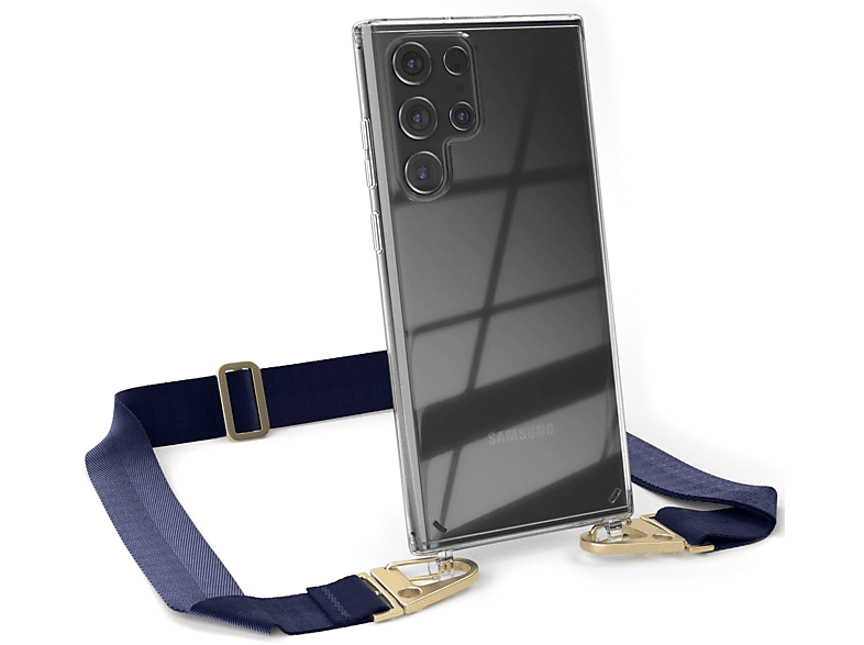 EAZY CASE Transparente Handyhülle mit breiter Kordel + Karabiner, Umhängetasche, Samsung, Galaxy S22 Ultra 5G, Dunkel Blau / Gold