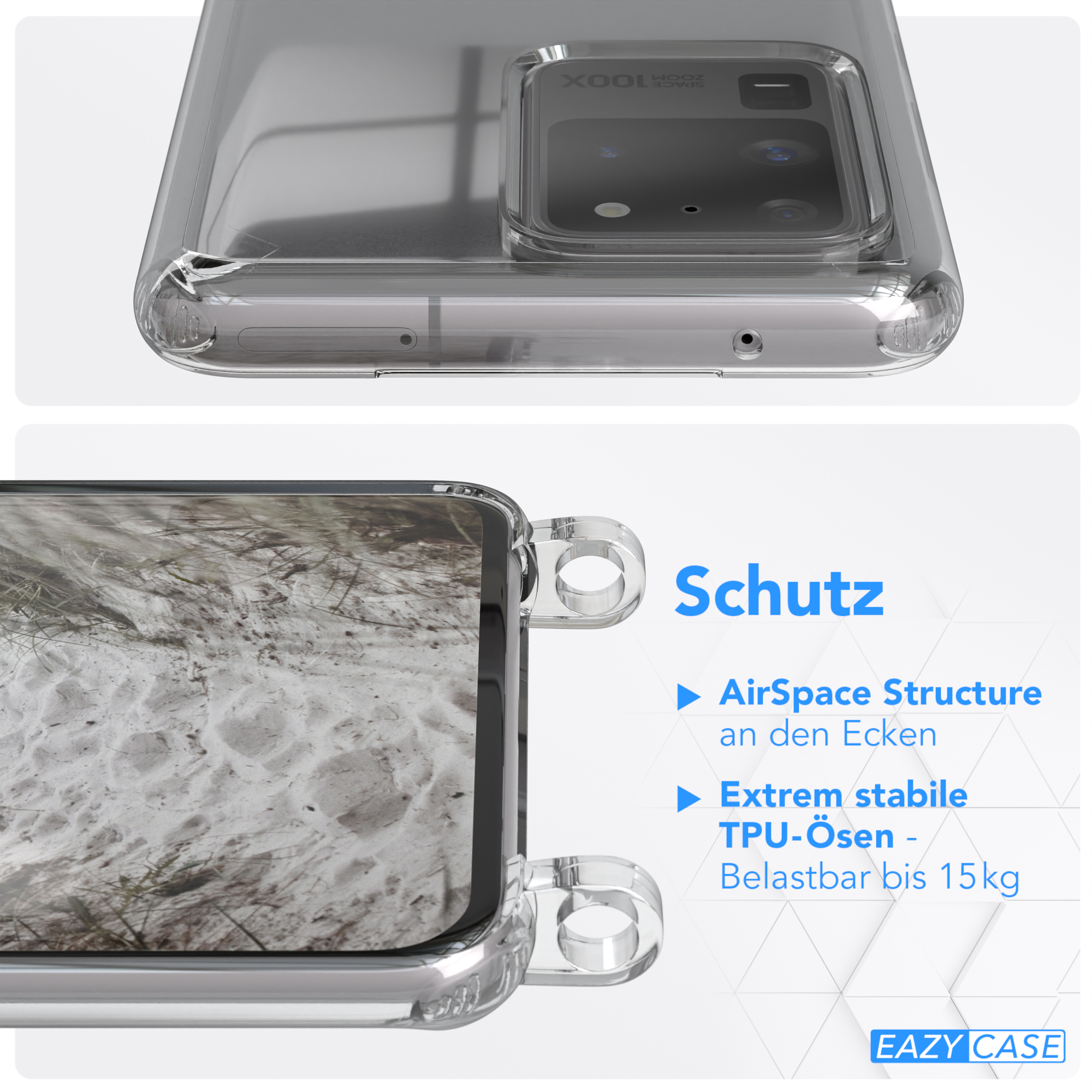 Eine transparente Handyhülle auf einem Telefon, mit Text über AirSpace Structure und TPU und dem Eazy Case Logo.