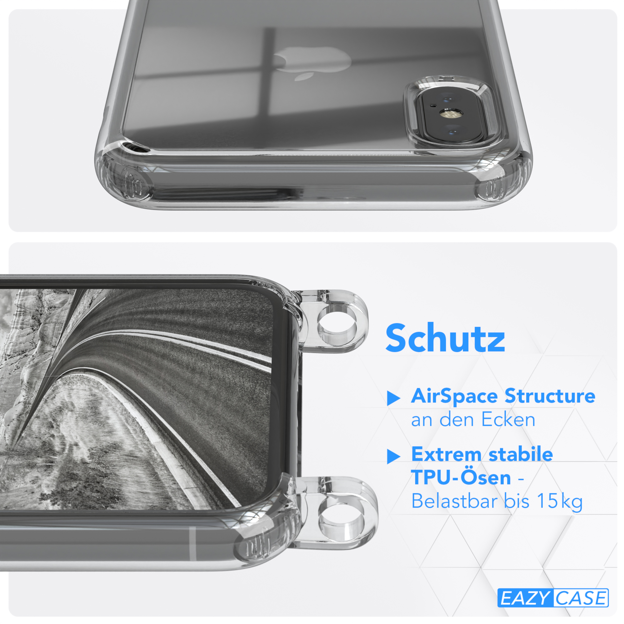 X mit / Karabiner, EAZY / CASE Handyhülle Kordel Schwarz XS, breiter + Silber Transparente Umhängetasche, iPhone Apple,