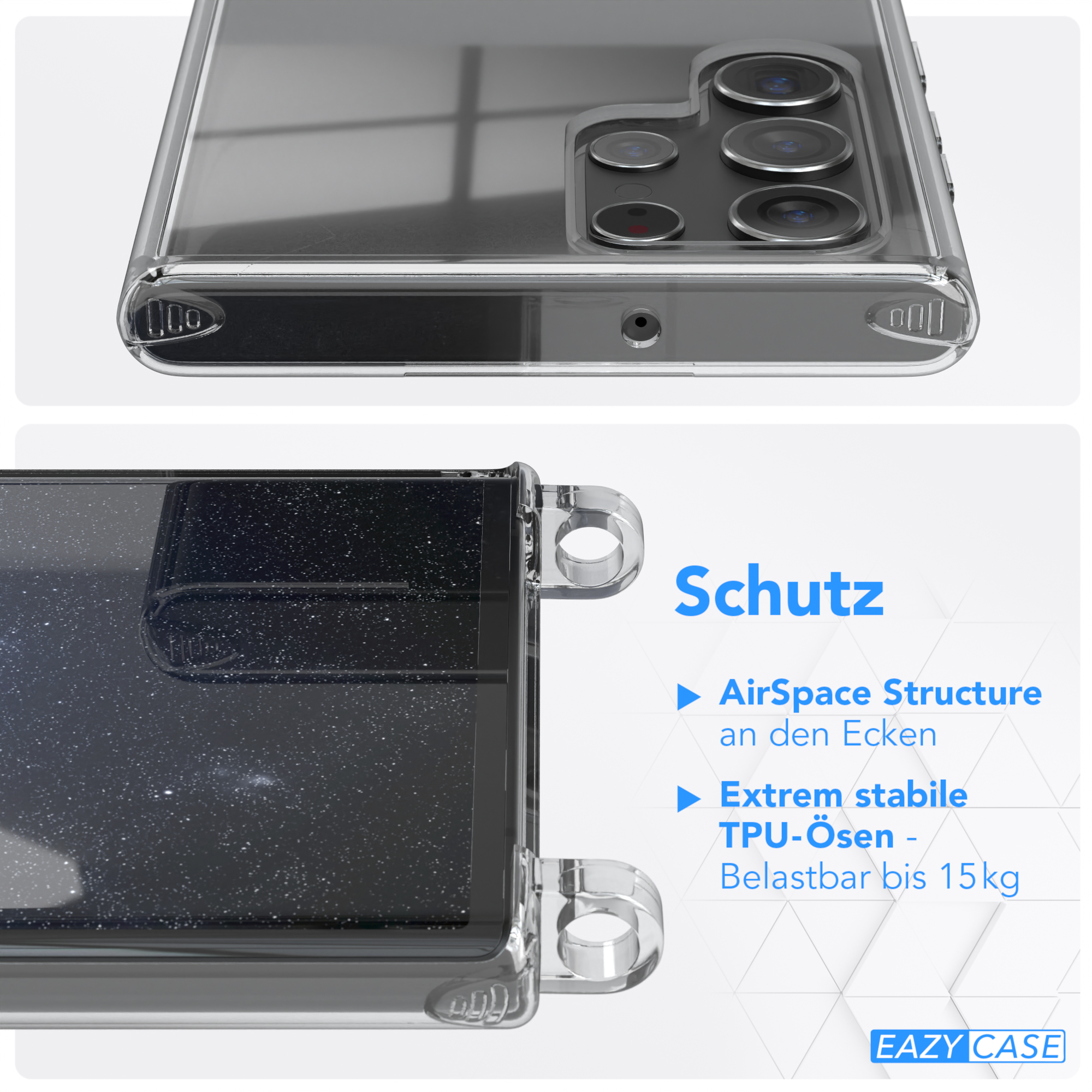 Eine transparente Handyhülle mit Text: AirSpace-Struktur und TPU-Ösen.