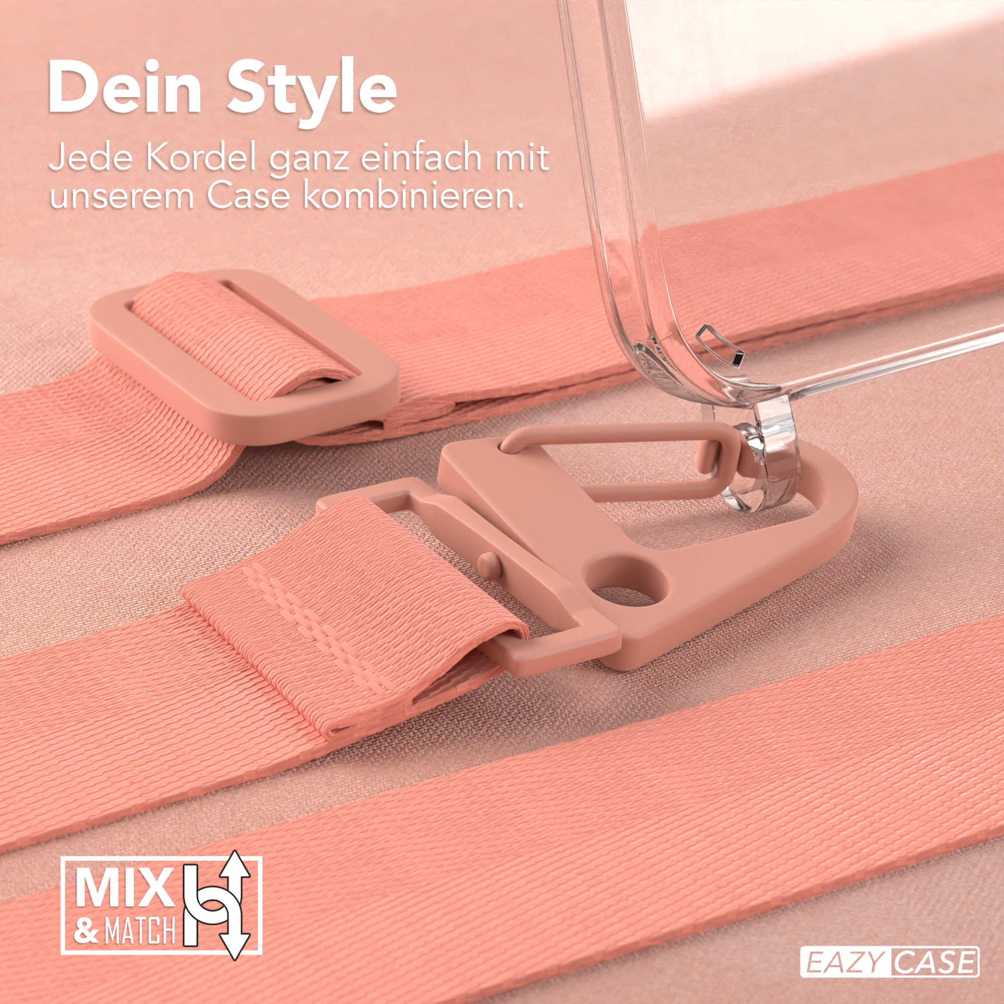 Nahaufnahme eines rosafarbenen Riemens mit Schnalle und Verschluss. Oben ein klares Handycase.