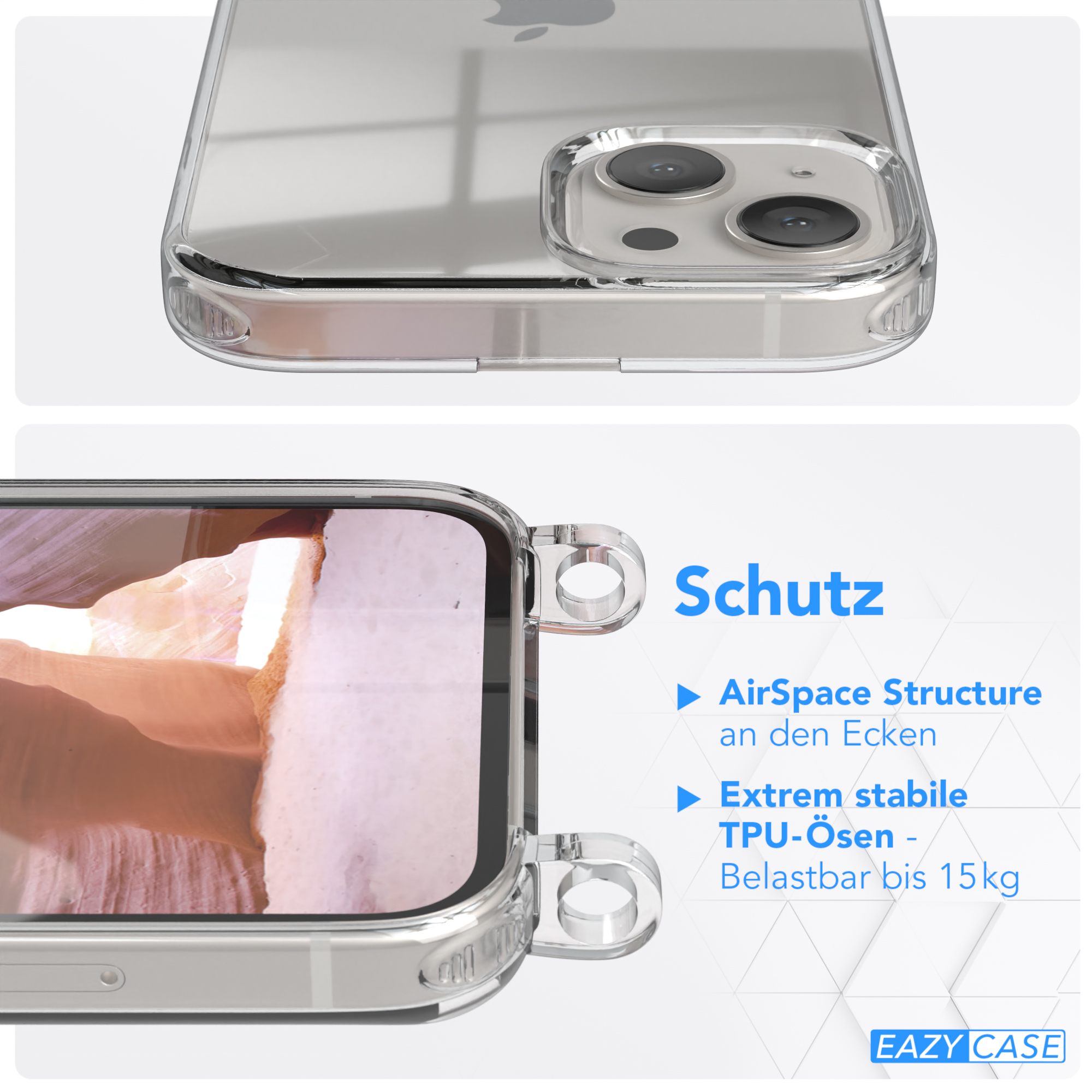 EAZY CASE Transparente mit Apple, Kordel + 13, Handyhülle Karabiner, Umhängetasche, iPhone Altrosa breiter Coral 