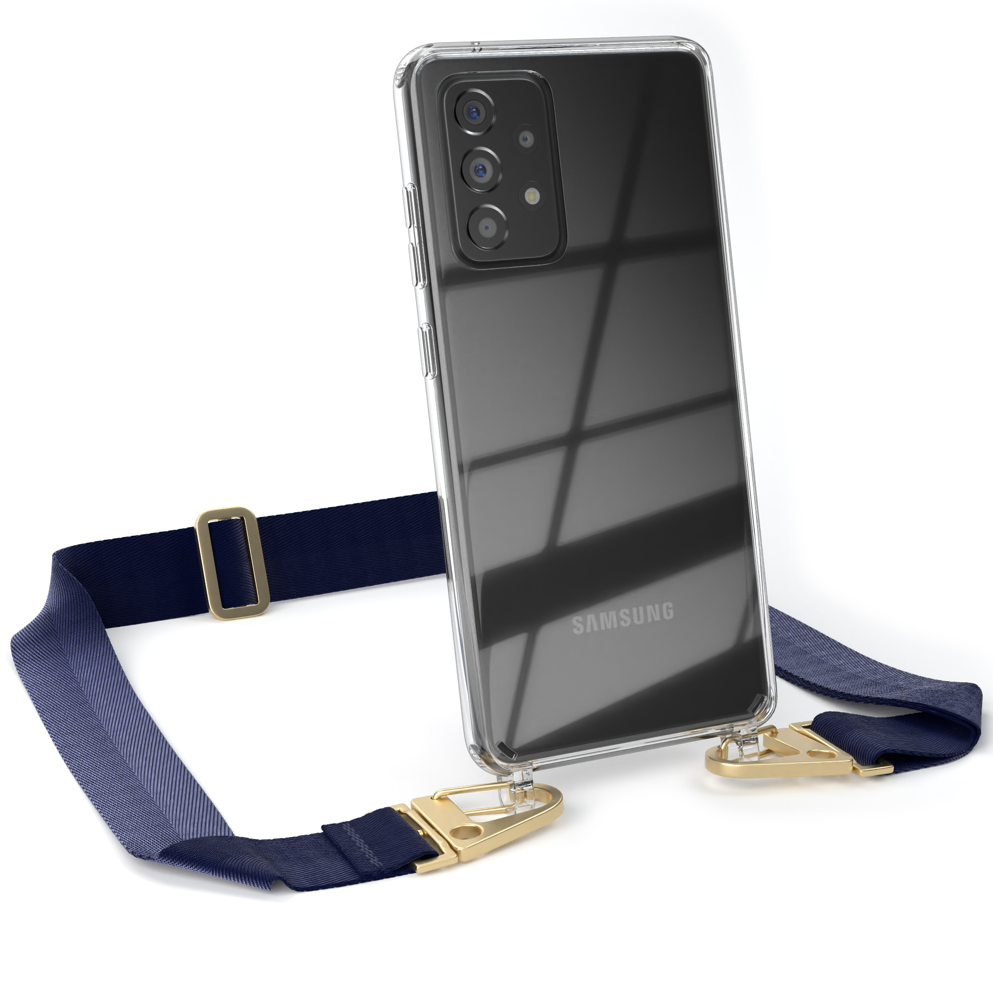 Transparente Handyhülle mit Telefon und blauem Gurt. Das Telefon ist transparent, der Gurt blau mit goldener Schnalle.