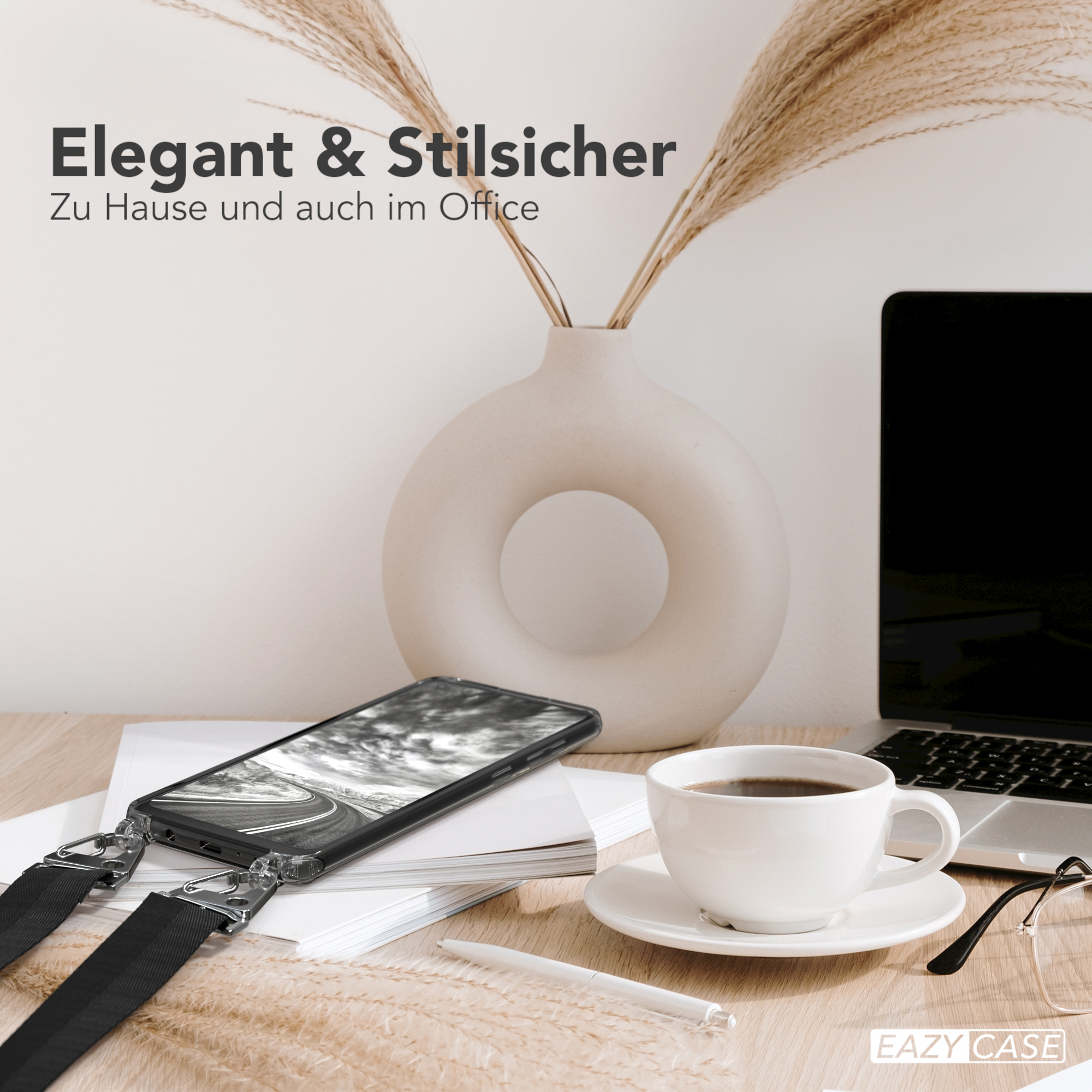 Ein Telefon auf einem Schreibtisch mit Laptop und Kaffee. Text: 'Elegant & Stilsicher' und 'Eazy Case' Logo.