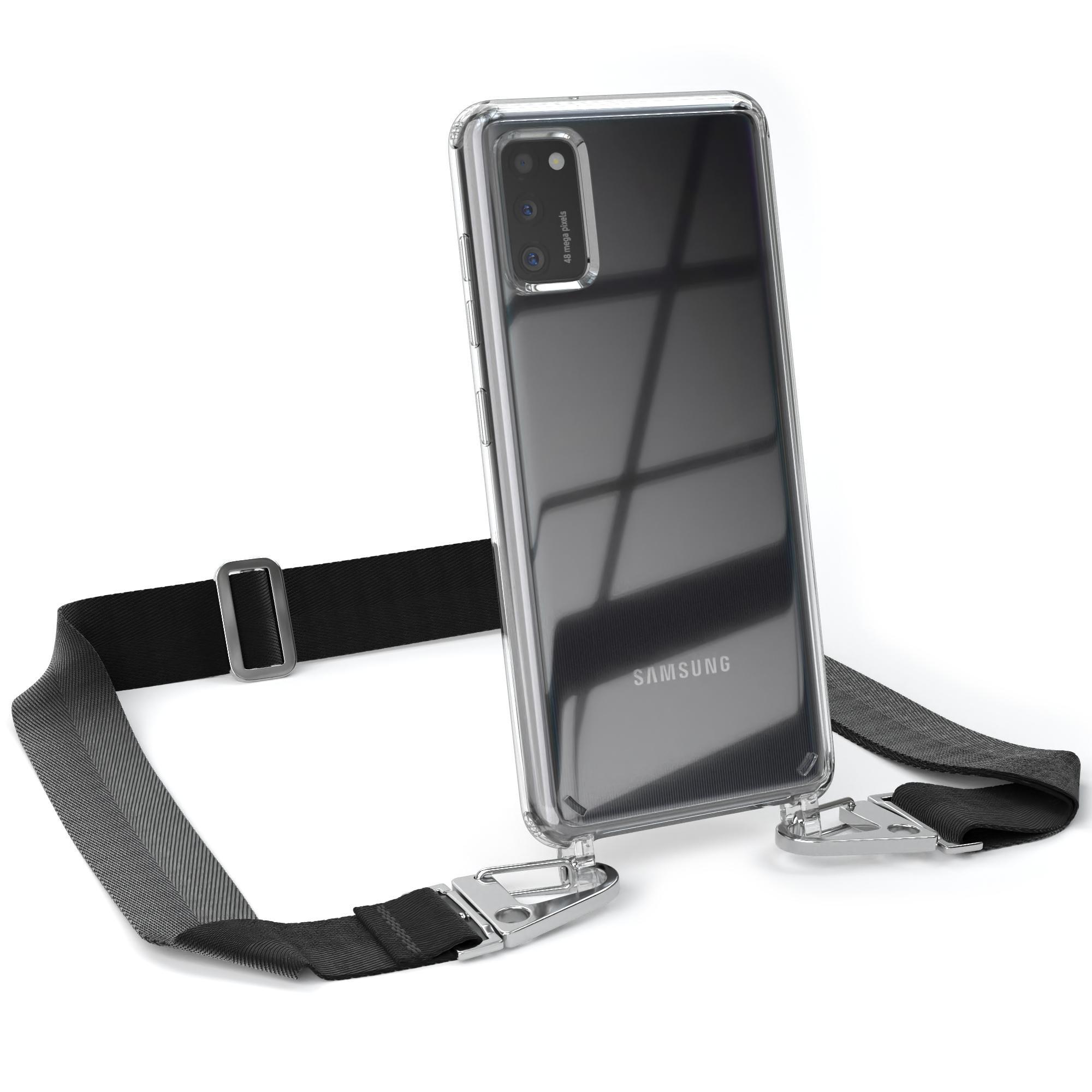 EAZY CASE Galaxy Samsung, Silber / Karabiner, Transparente Handyhülle Umhängetasche, mit + Schwarz breiter Kordel A41