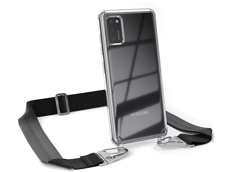 EAZY CASE Transparente Handyhülle mit breiter Kordel + Karabiner, Umhängetasche, Samsung, Galaxy A41, Schwarz / Silber | Handyketten