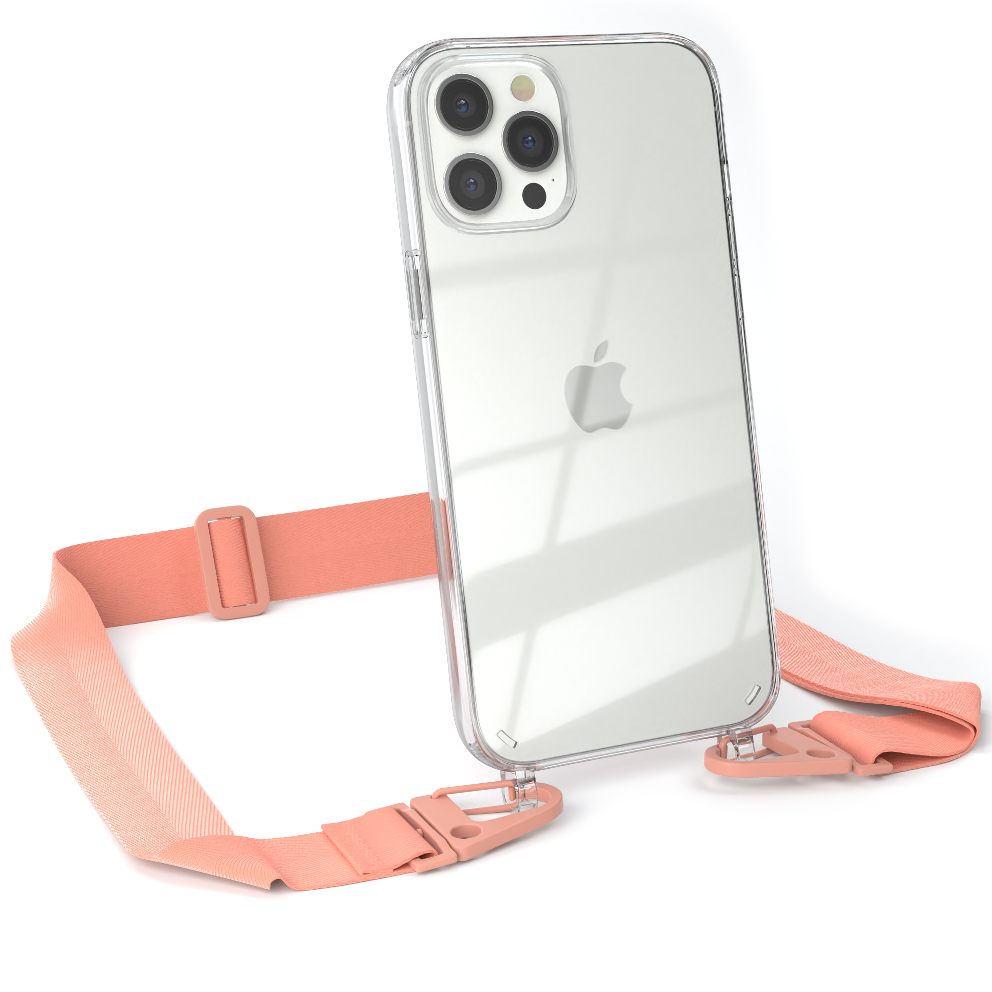 Transparente Handyhülle mit Pfirsichriemen und Pfirsich-Hardware.