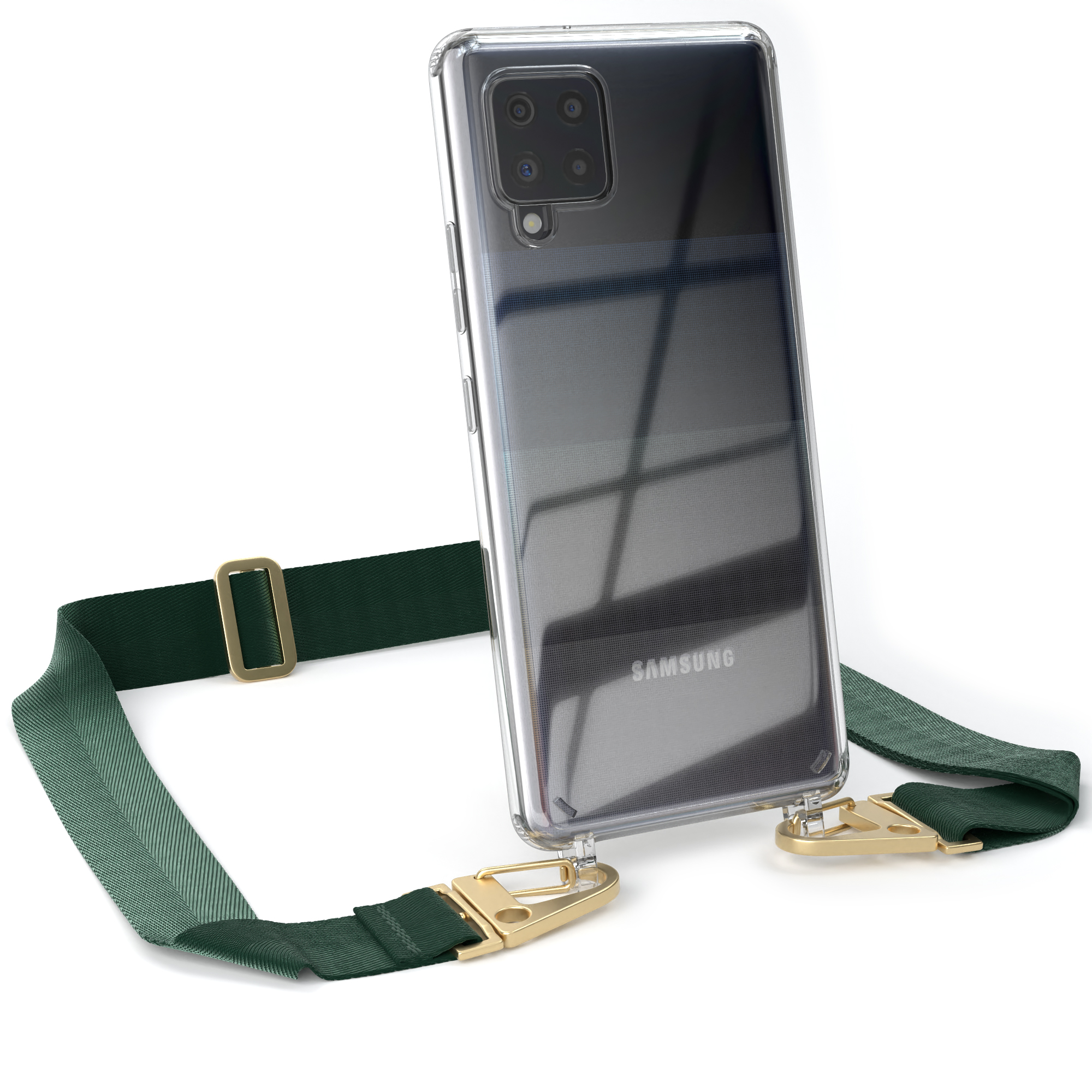 + EAZY Handyhülle Galaxy A42 CASE Dunkel Gold mit Transparente Karabiner, 5G, Samsung, / Kordel Grün breiter Umhängetasche,