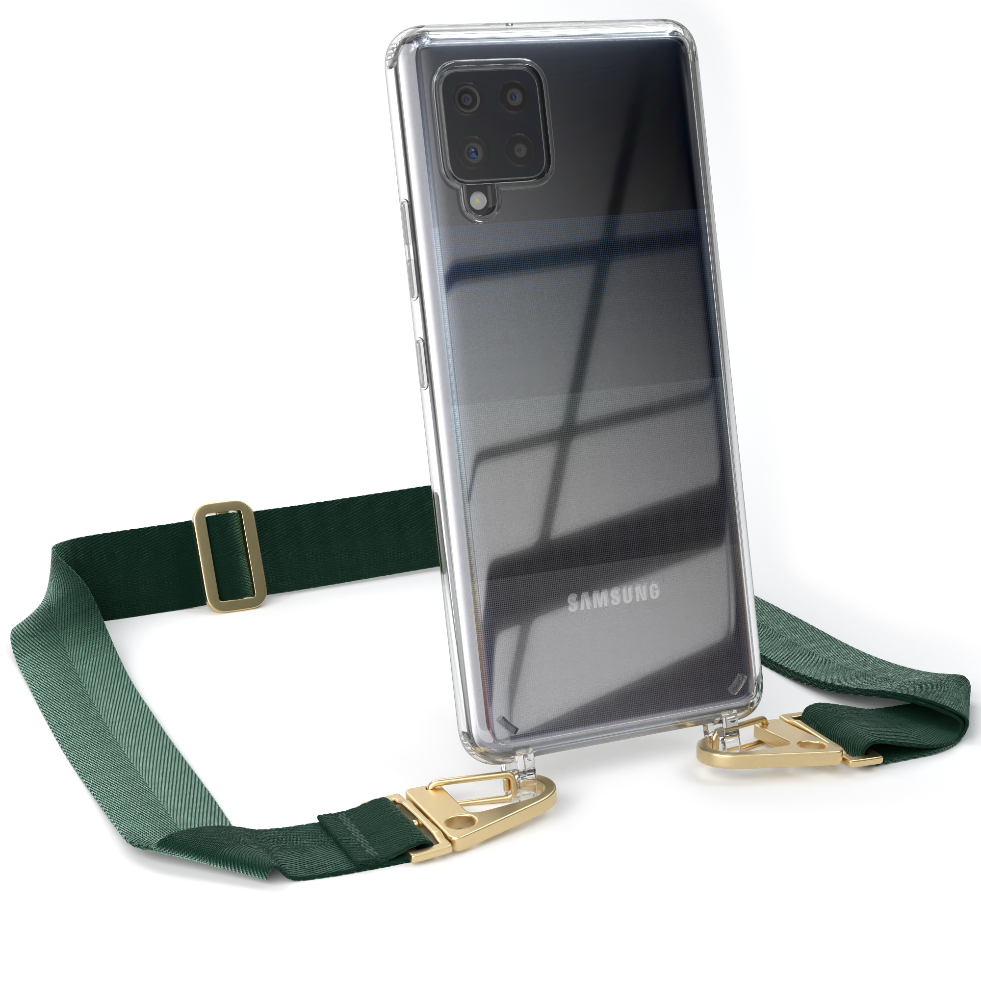 Transparente Handyhülle mit grünem Riemen. Telefon hat zwei Kameras. Hintergrund weiß.