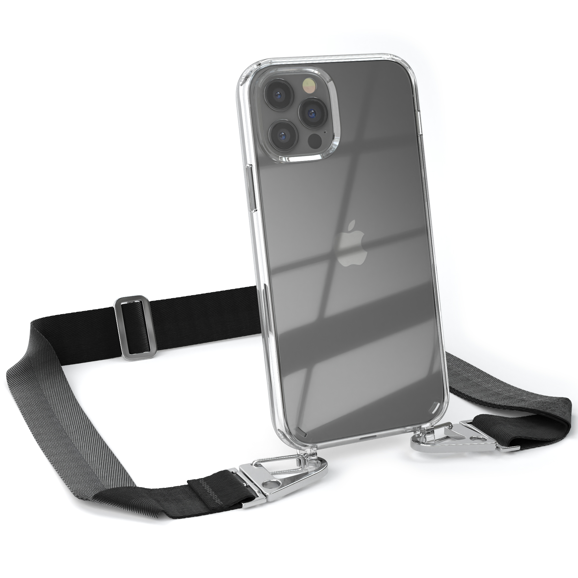 Transparente Handyhülle mit schwarzem Riemen. Telefon ist grau. Silberne Schnallen. Weißer Hintergrund.