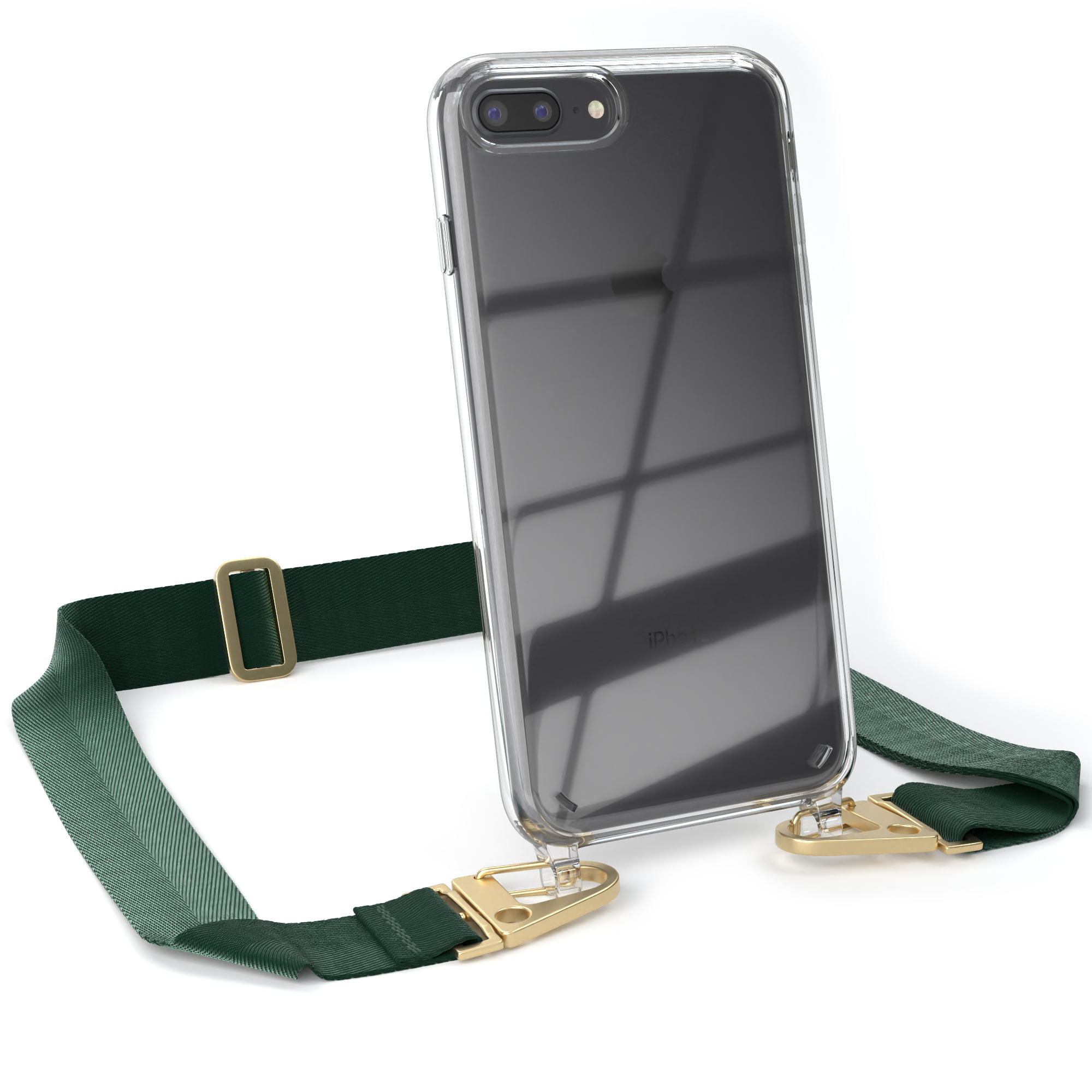 Eine transparente Handyhülle mit einem dunkelgrünen Gurt. In der Hülle befindet sich ein Telefon.
