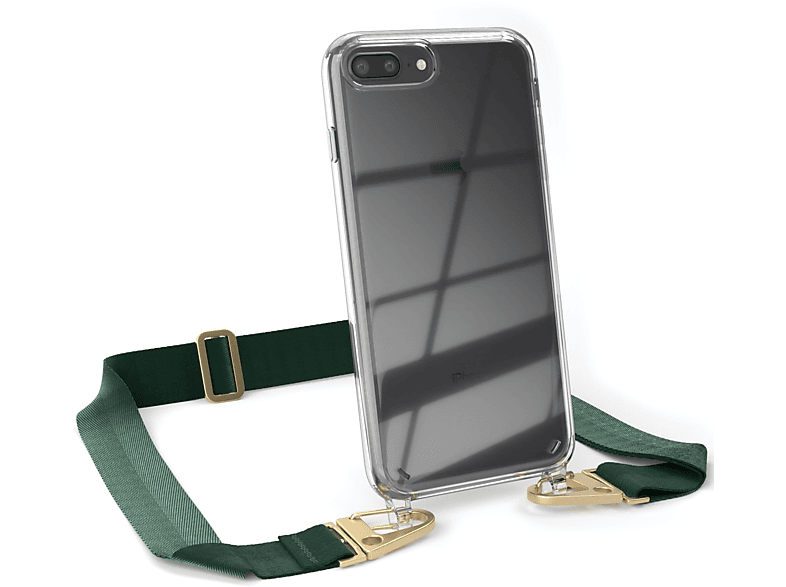 EAZY CASE Transparente Handyhülle mit breiter Kordel + Karabiner, Umhängetasche, Apple, iPhone 8 Plus / 7 Plus, Dunkel Grün / Gold