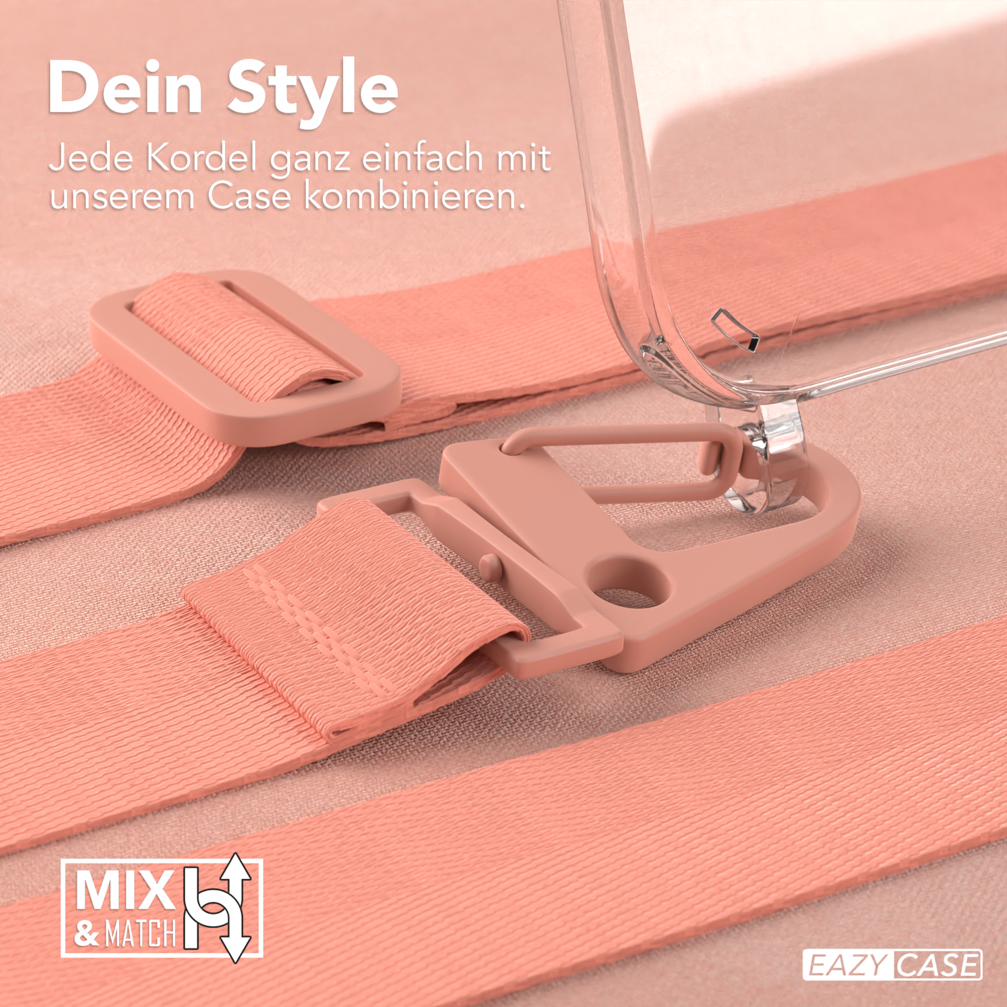 Nahaufnahme von Handyhüllenriemen. Rosa Riemen und eine transparente Handyhülle sind sichtbar.