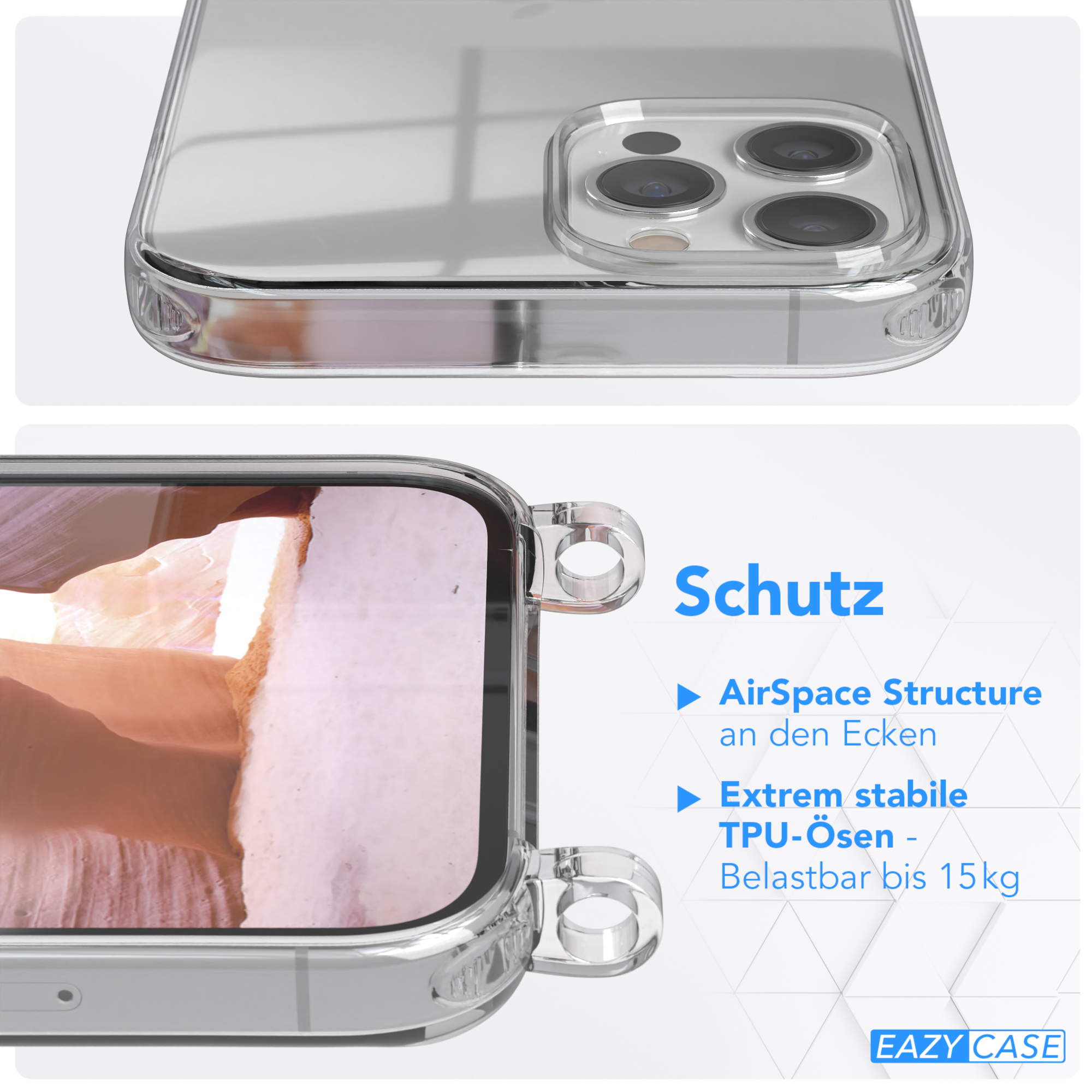 Max, Handyhülle Umhängetasche, CASE EAZY mit Pro + 12 Kordel breiter iPhone / Karabiner, Altrosa Transparente Coral Apple,