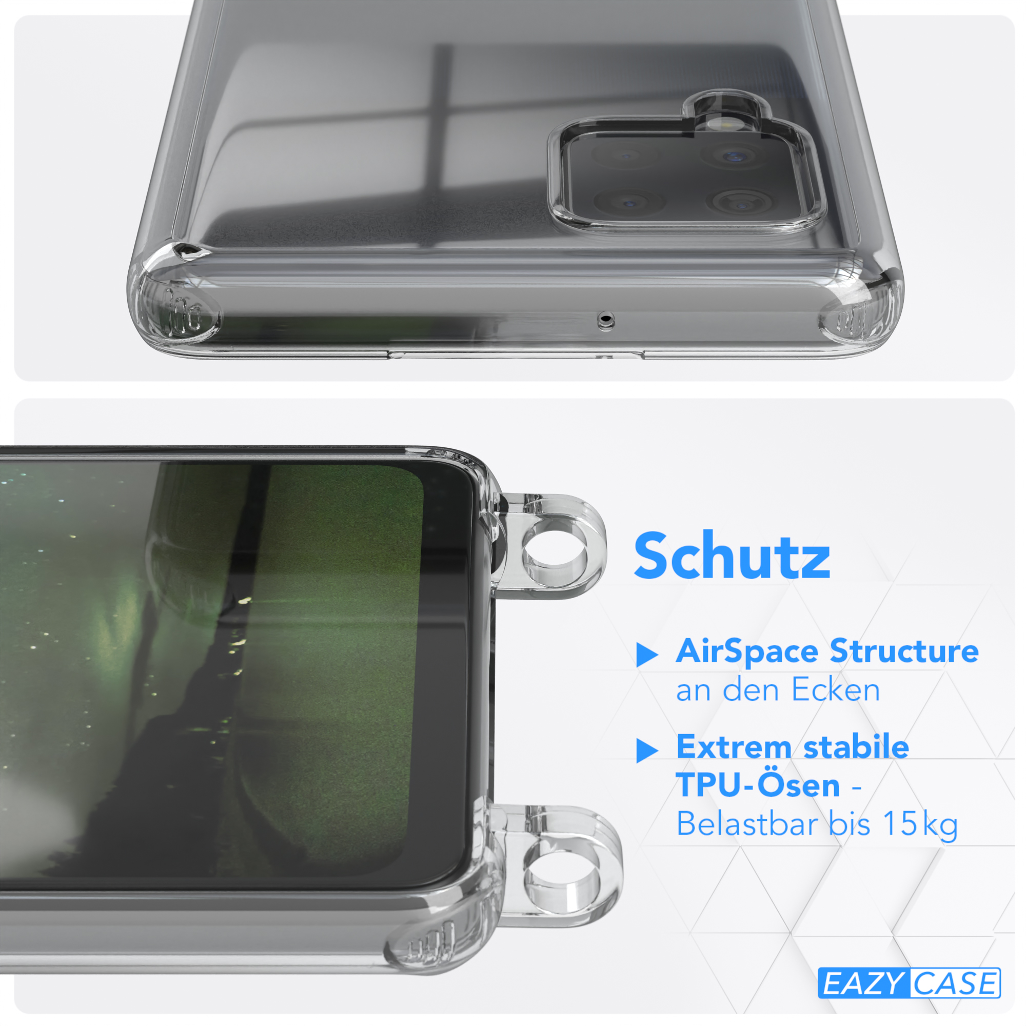 EAZY CASE Transparente Handyhülle 5G, A42 + Grün mit Dunkel Galaxy Karabiner, Samsung, breiter Kordel / Umhängetasche, Gold