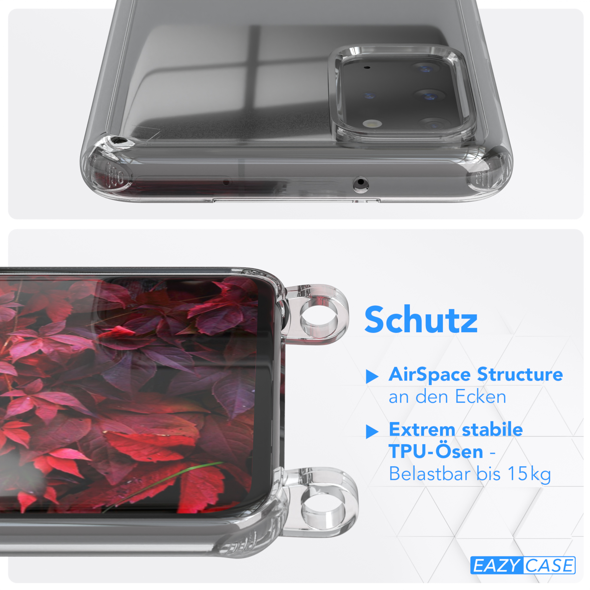 EAZY CASE Transparente Handyhülle mit Galaxy Karabiner, S20 Burgundy Plus 5G, S20 / Beere Rot Umhängetasche, Plus breiter Kordel / Samsung, 