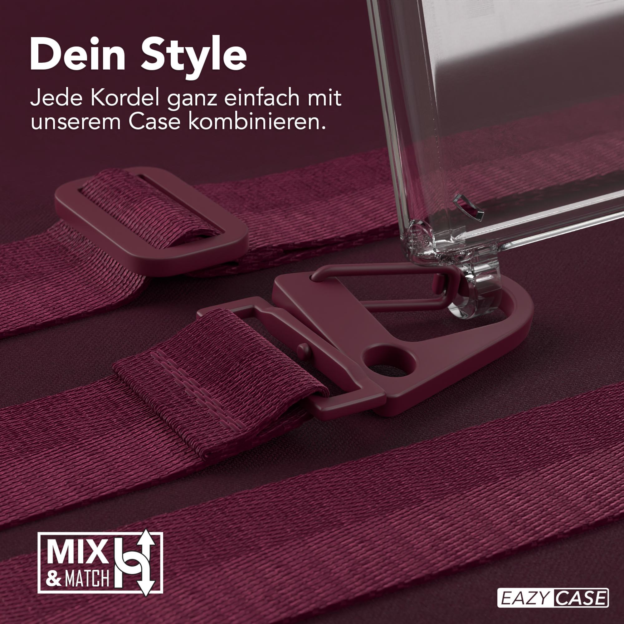 Handyhüllenriemen, Clips und eine transparente Handyhülle. EAZY CASE-Logo unten.
