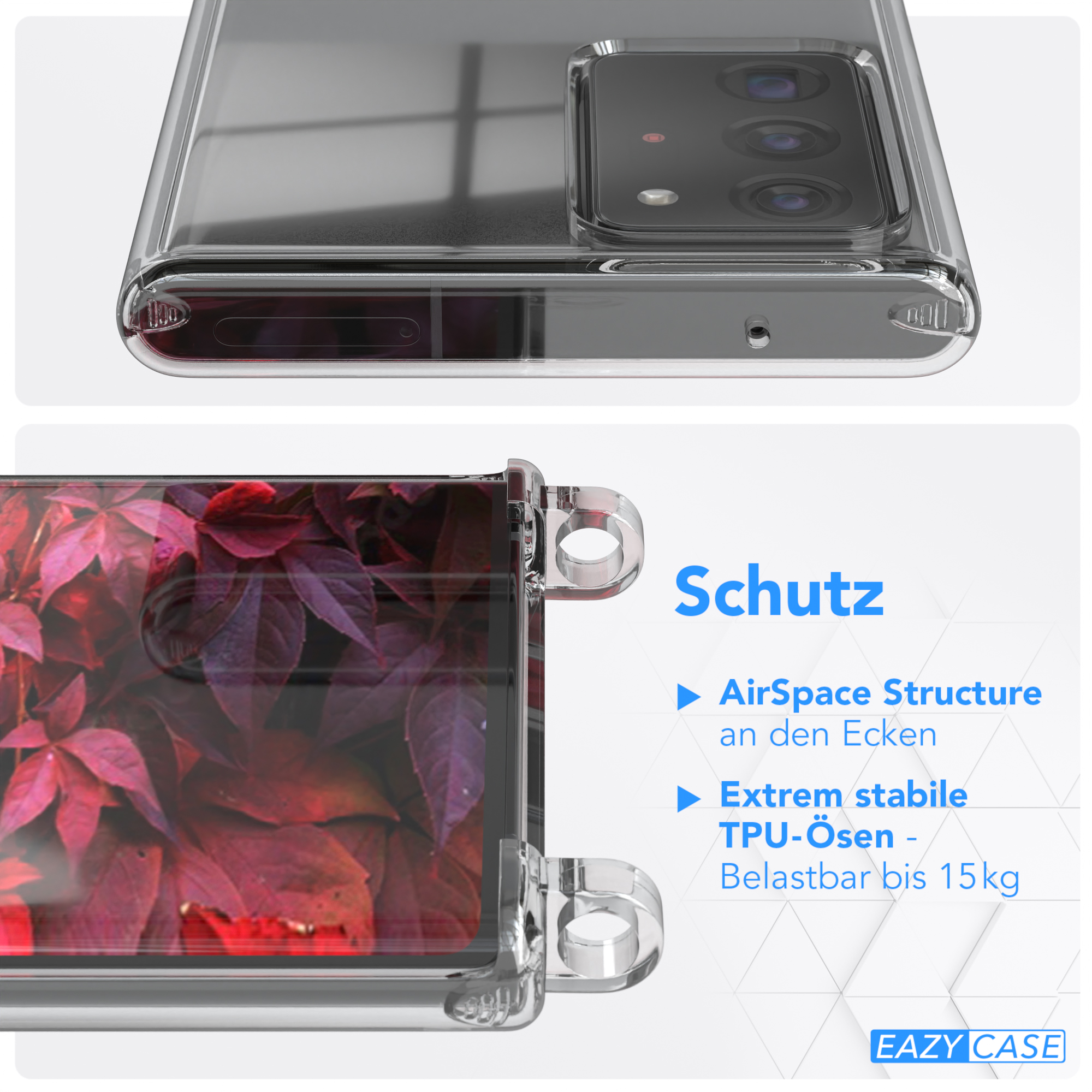 EAZY CASE 20 Umhängetasche, breiter 20 + Samsung, Galaxy / / Karabiner, Handyhülle Kordel Beere Note Ultra Note Ultra Burgundy 5G, Transparente Rot mit