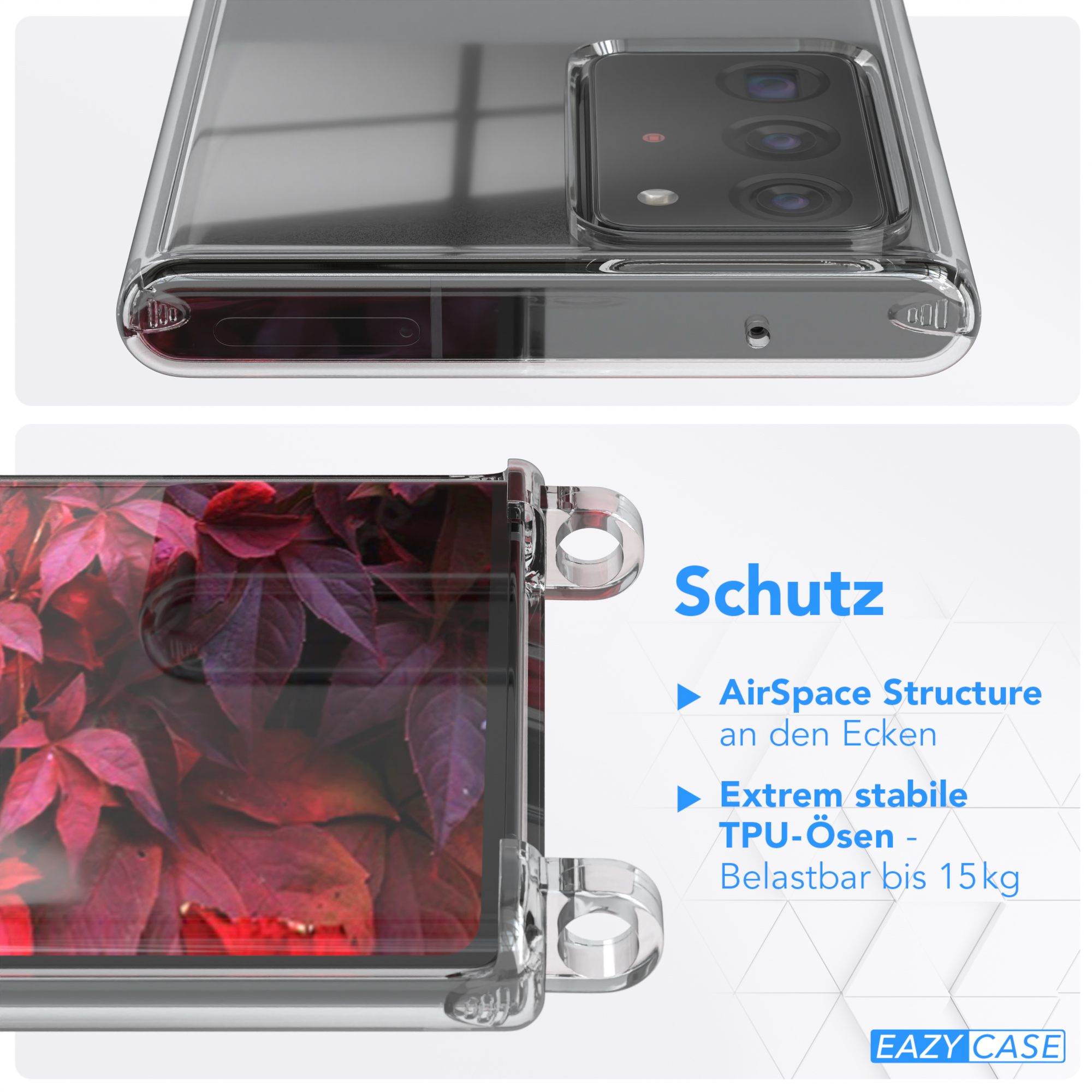 Transparente Handyhülle mit roten Blättern im Inneren. Airspace-Struktur und TPU-Schutzdetails.
