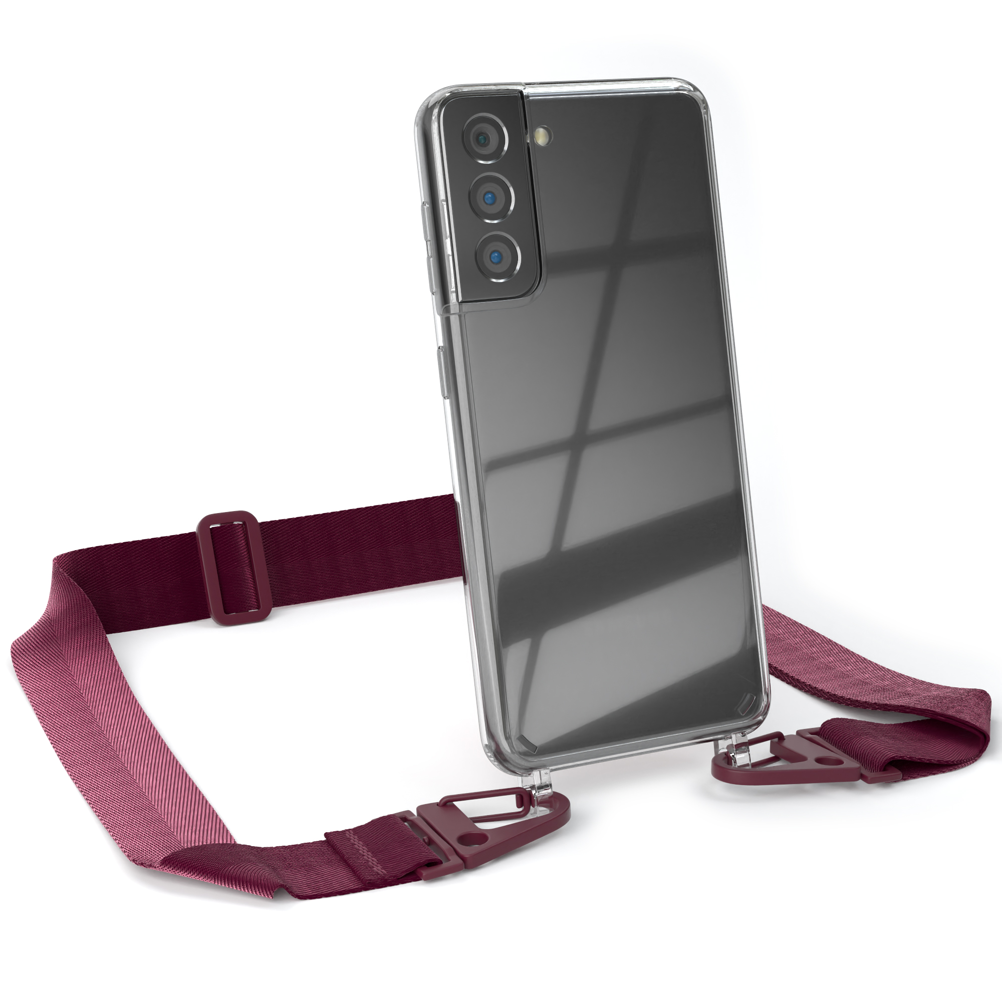 EAZY CASE Transparente Handyhülle Rot mit S21 Karabiner, Galaxy Burgundy + Umhängetasche, Beere 5G, Kordel / Samsung, breiter