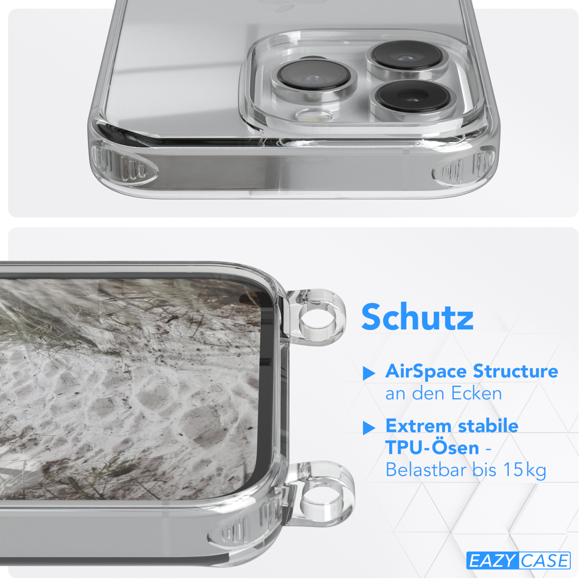 Beige breiter 14 Grau EAZY CASE Karabiner, Kordel mit Handyhülle Umhängetasche, Apple, Transparente Pro, iPhone / + Taupe
